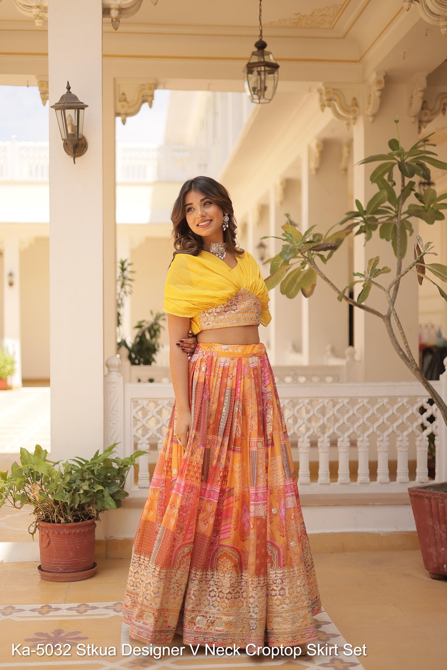 Ka-5032 Stkua Designer V Neck Croptop Skirt Set