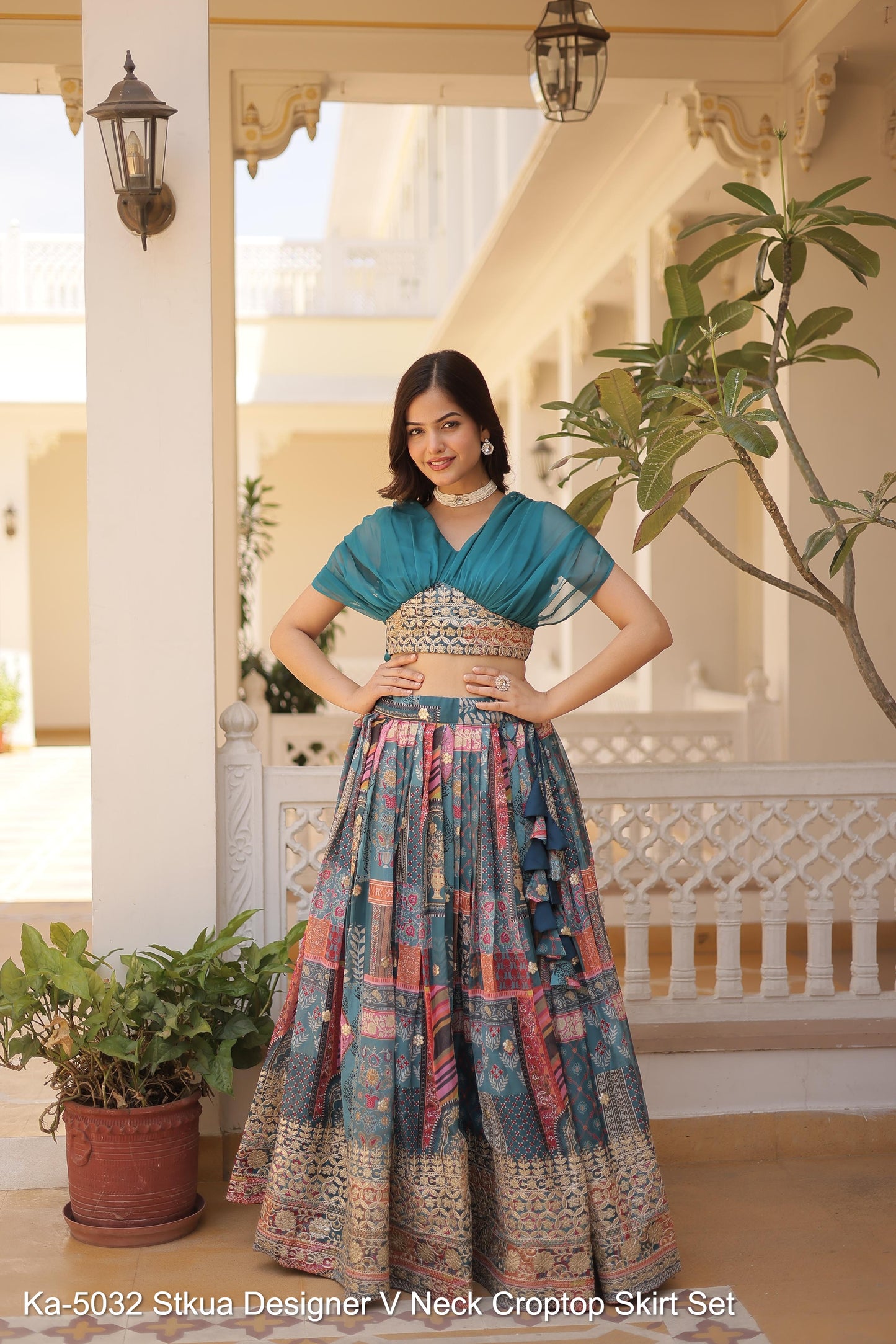 Ka-5032 Stkua Designer V Neck Croptop Skirt Set