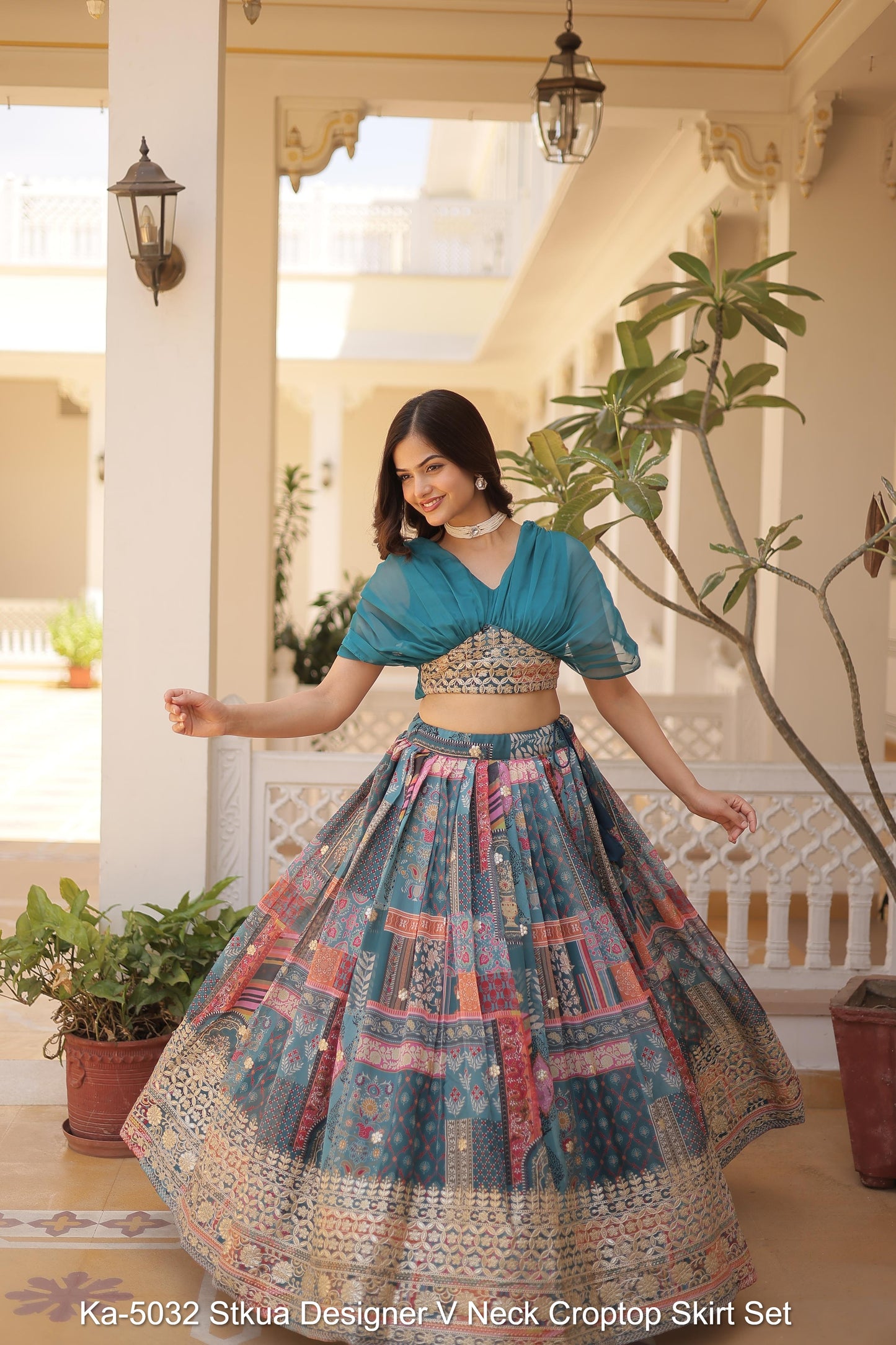 Ka-5032 Stkua Designer V Neck Croptop Skirt Set