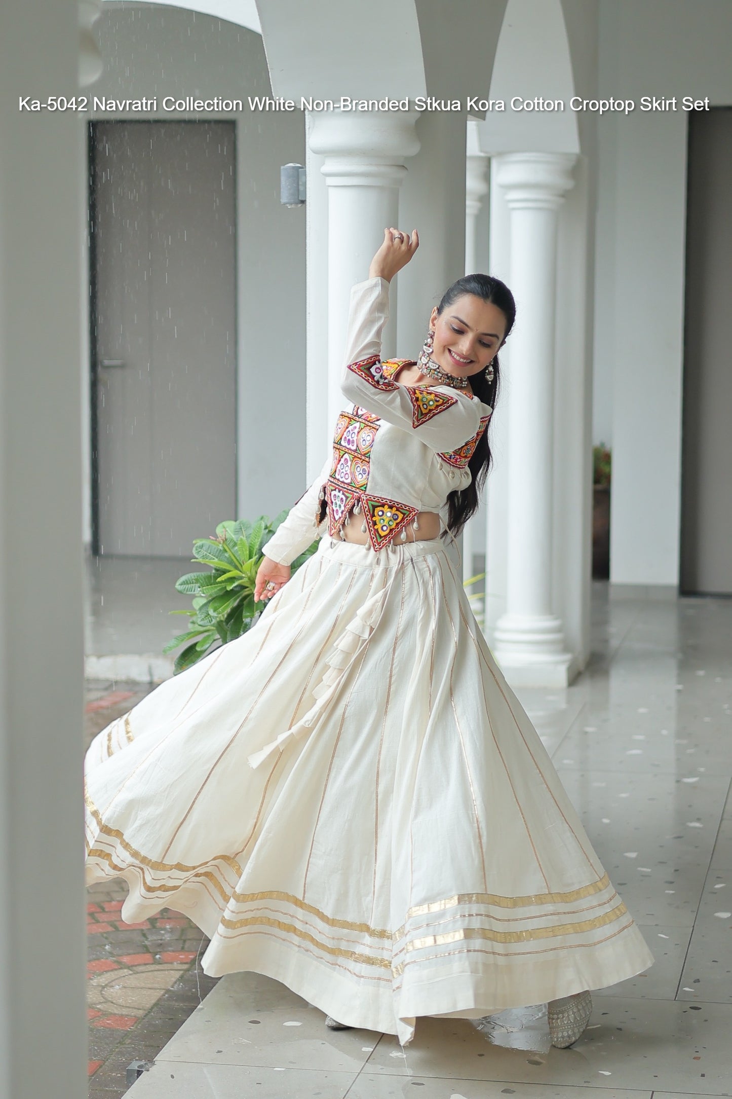 Ka-5042 Navratri Collection White Non-Branded Stkua Kora Cotton Croptop Skirt Set