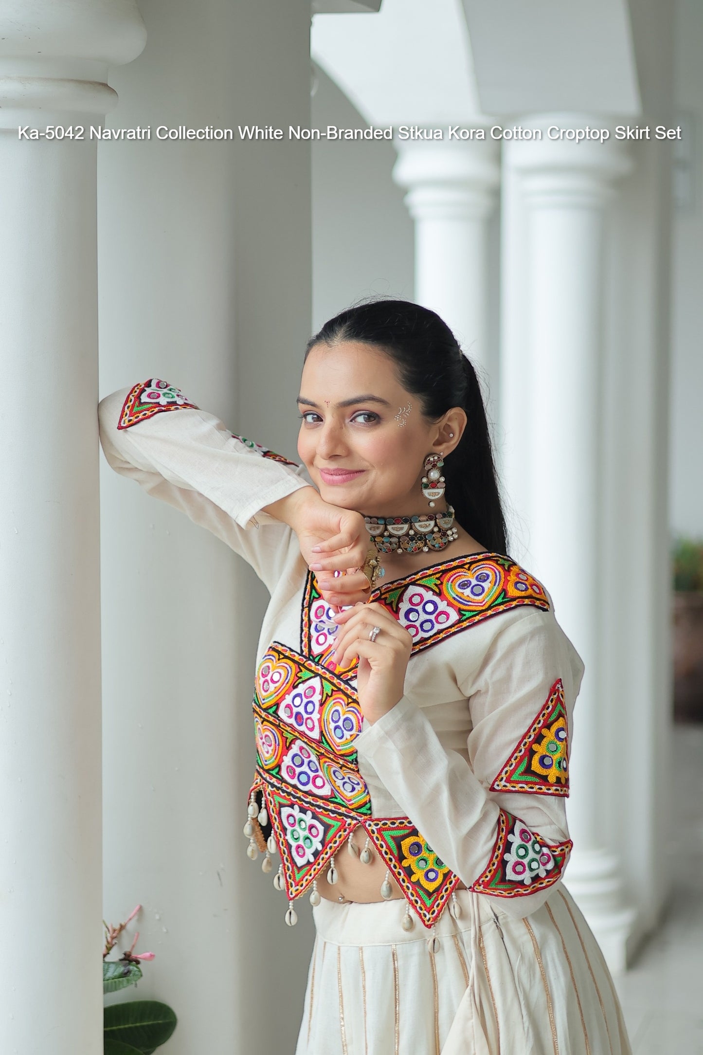 Ka-5042 Navratri Collection White Non-Branded Stkua Kora Cotton Croptop Skirt Set