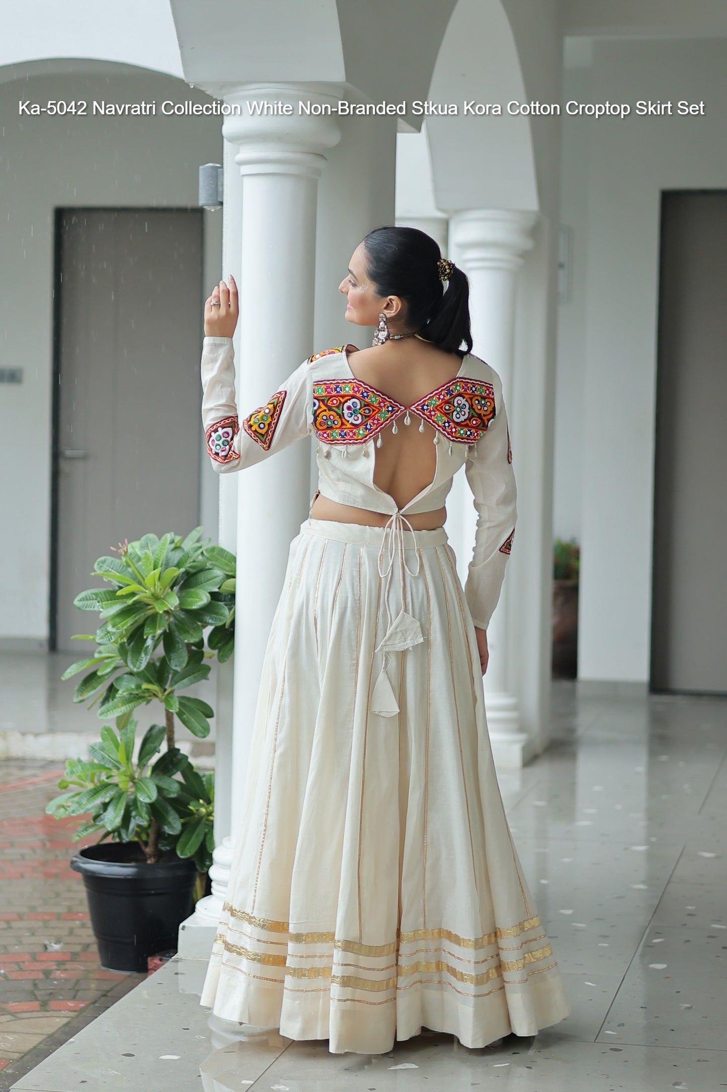 Ka-5042 Navratri Collection White Non-Branded Stkua Kora Cotton Croptop Skirt Set
