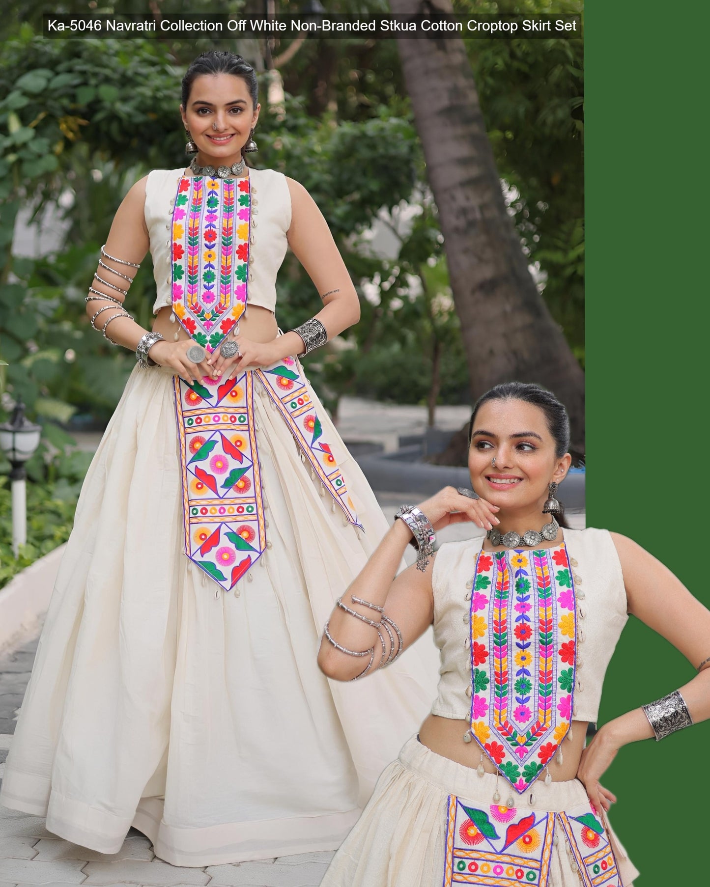 Ka-5046 Navratri Collection Off White Non-Branded Stkua Cotton Croptop Skirt Set