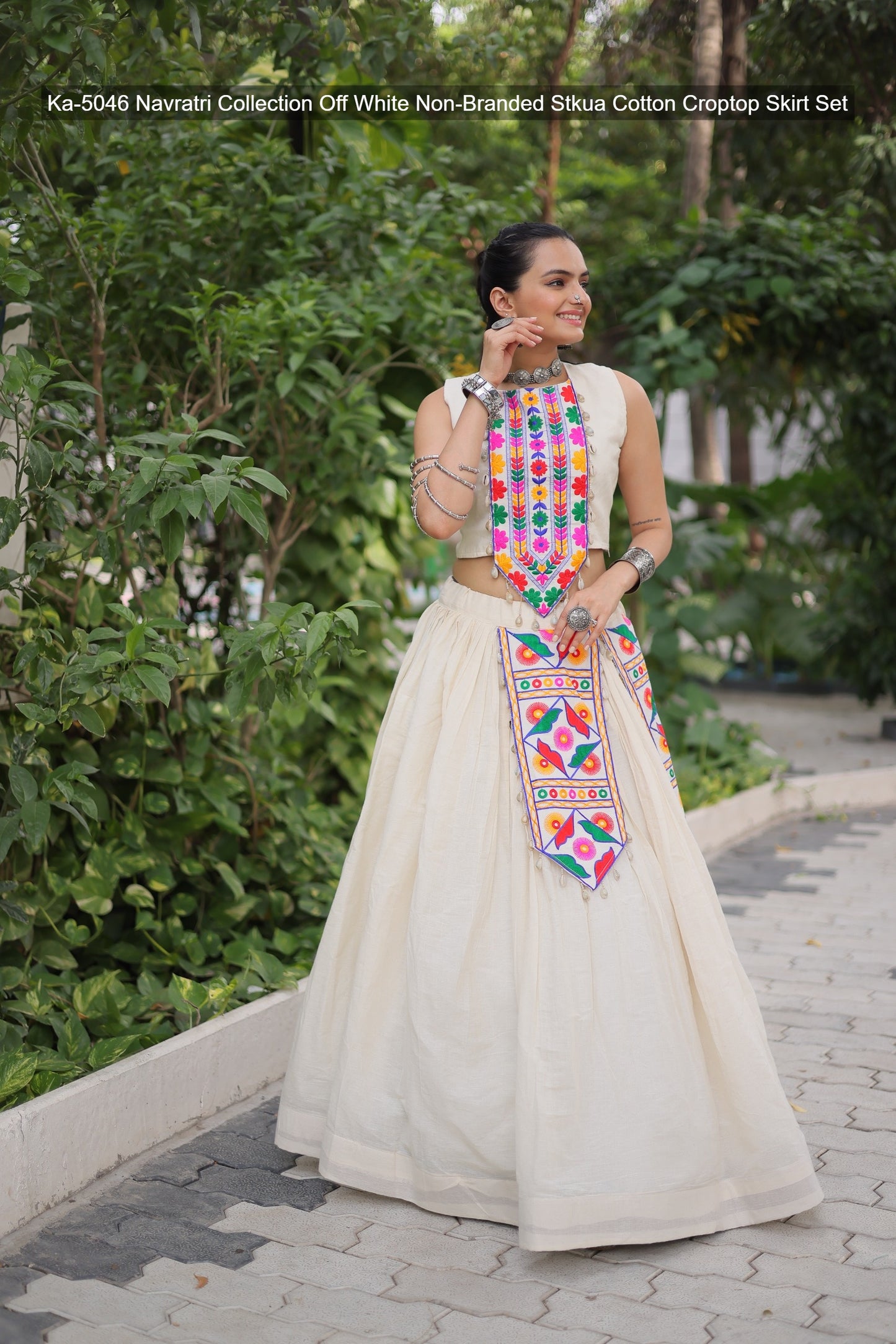 Ka-5046 Navratri Collection Off White Non-Branded Stkua Cotton Croptop Skirt Set
