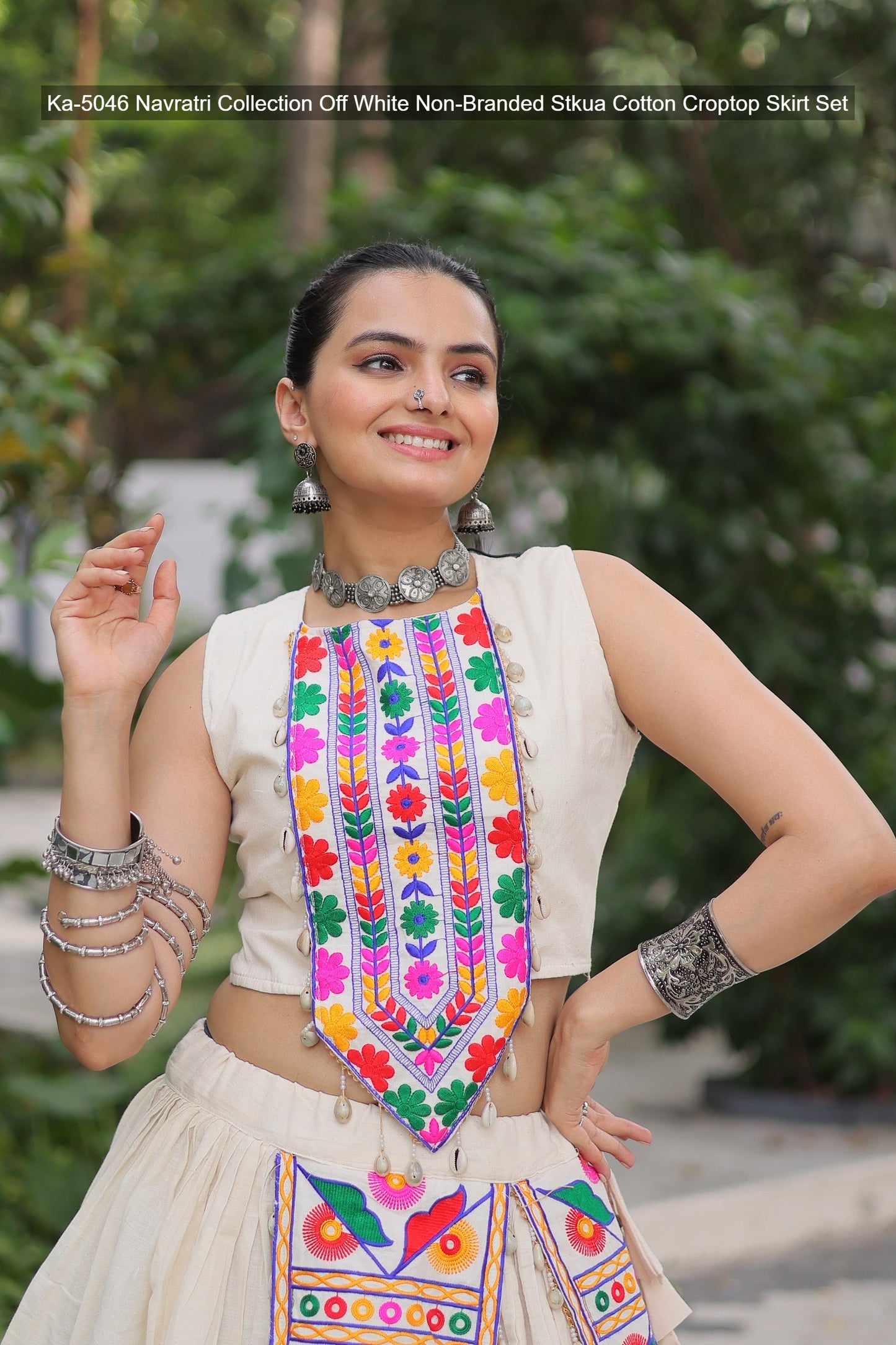 Ka-5046 Navratri Collection Off White Non-Branded Stkua Cotton Croptop Skirt Set