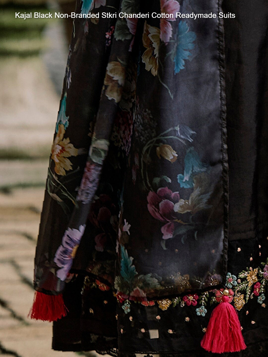 Kajal Black Non-Branded Stkri Chanderi Cotton Readymade Suits