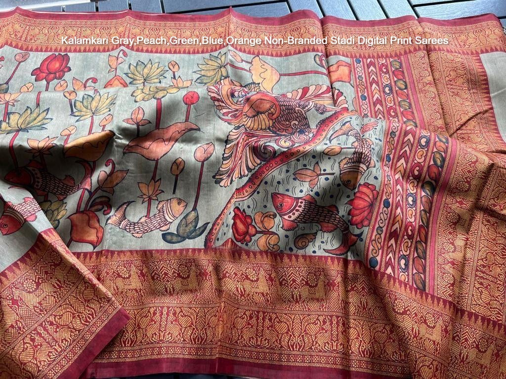 Kalamkari Gray,Peach,Green,Blue,Orange Non-Branded Stadi Digital Print Sarees