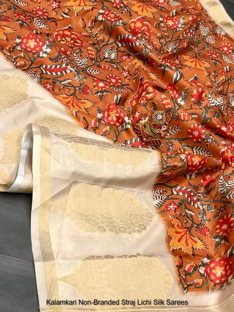 Kalamkari Non-Branded Straj Lichi Silk Sarees
