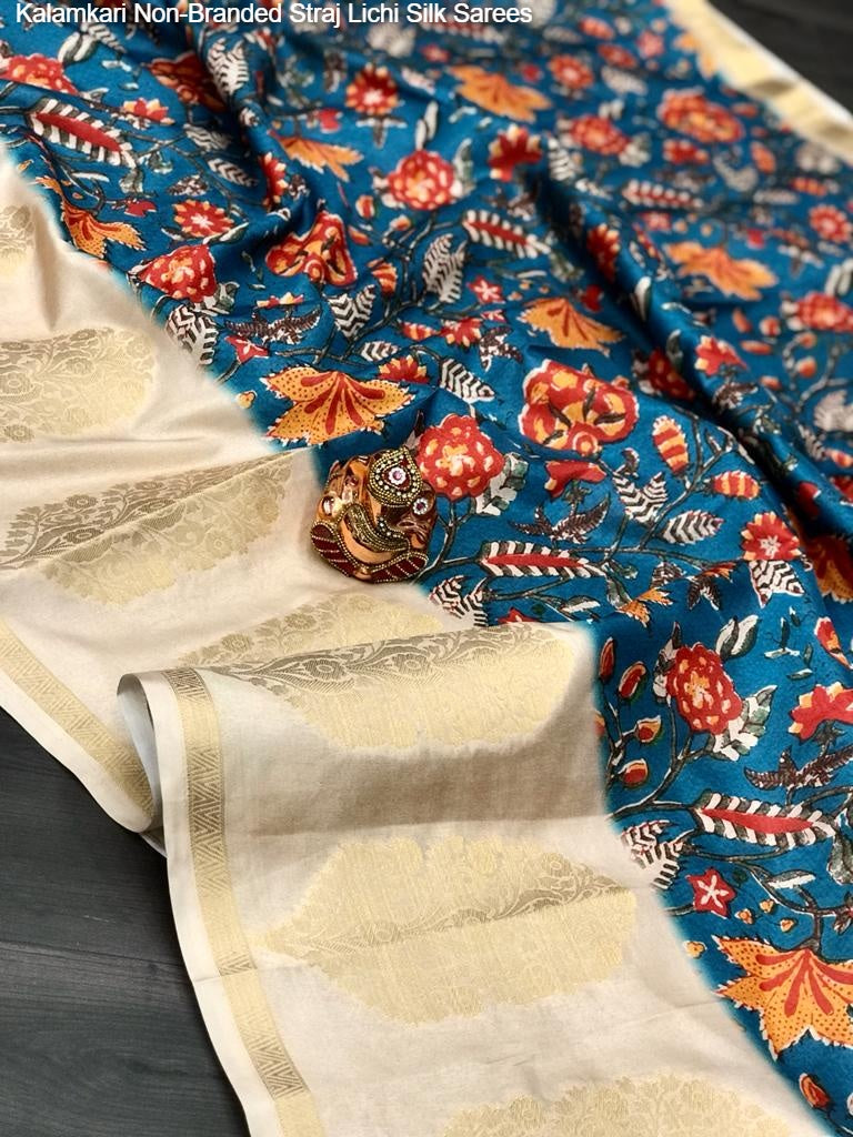 Kalamkari Non-Branded Straj Lichi Silk Sarees