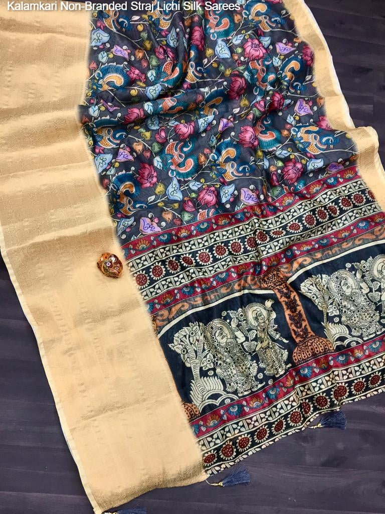 Kalamkari Non-Branded Straj Lichi Silk Sarees