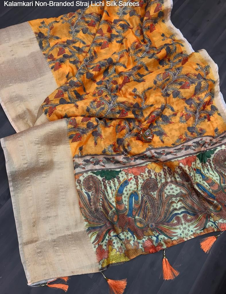 Kalamkari Non-Branded Straj Lichi Silk Sarees