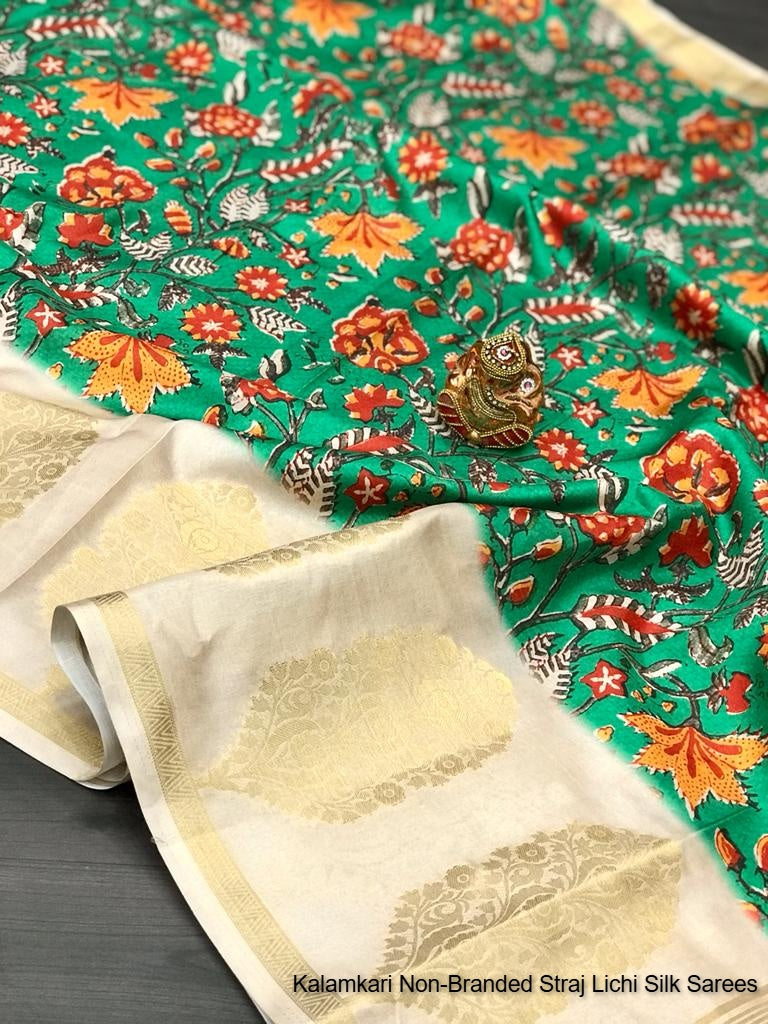 Kalamkari Non-Branded Straj Lichi Silk Sarees