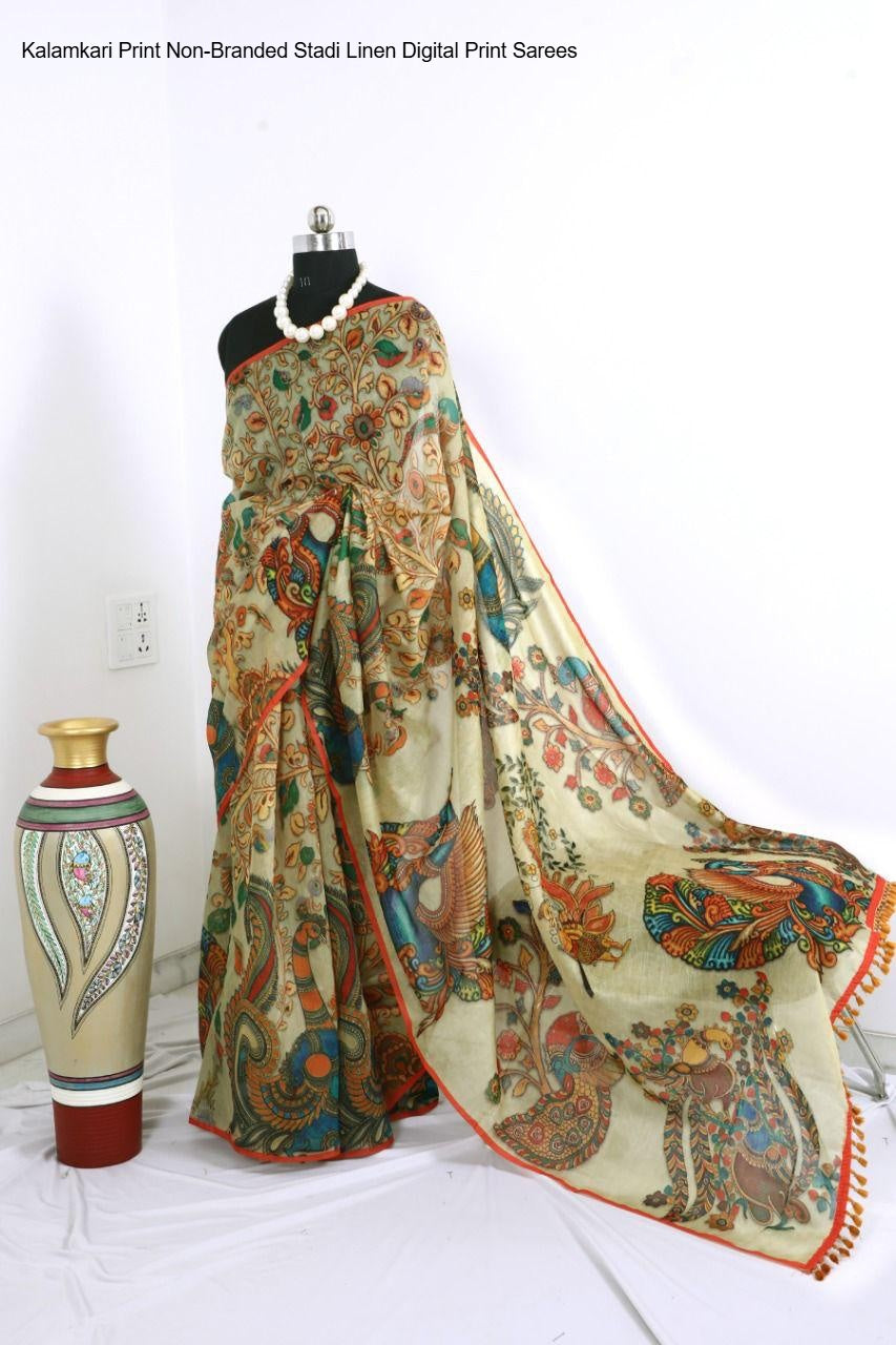 Kalamkari Print Non-Branded Stadi Linen Digital Print Sarees