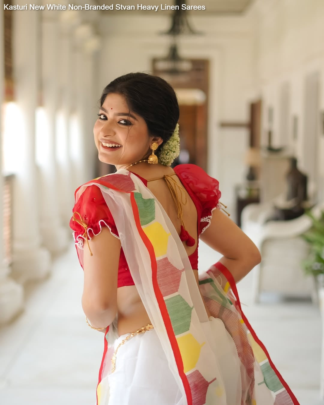 Kasturi New White Non-Branded Stvan Heavy Linen Sarees