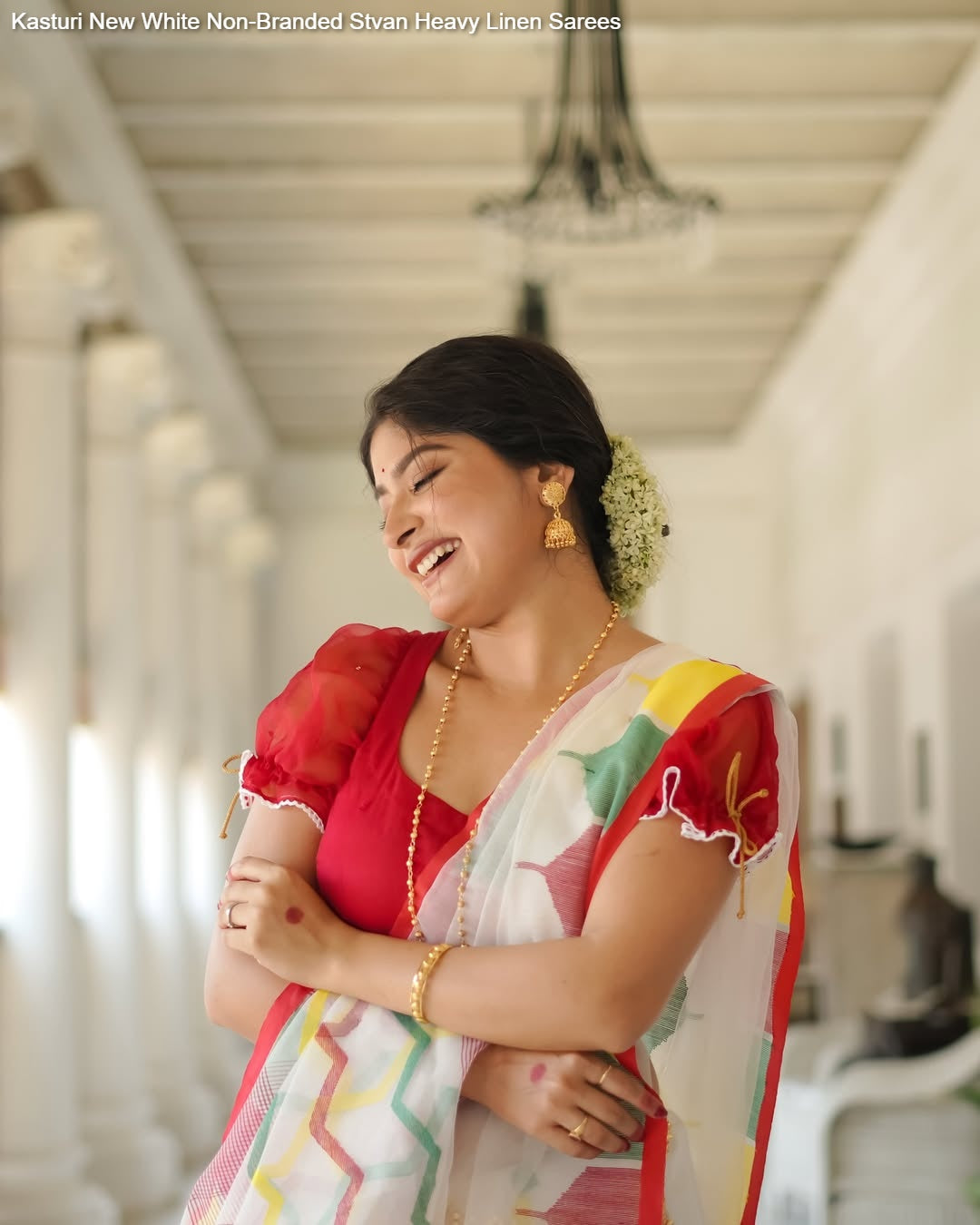 Kasturi New White Non-Branded Stvan Heavy Linen Sarees
