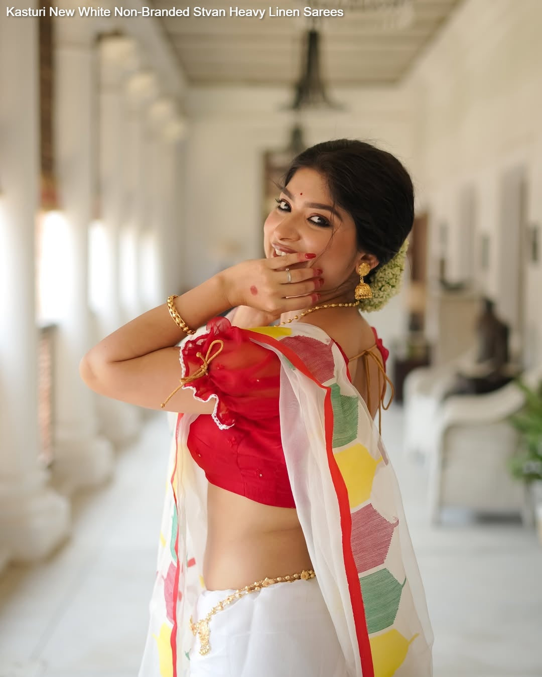 Kasturi New White Non-Branded Stvan Heavy Linen Sarees