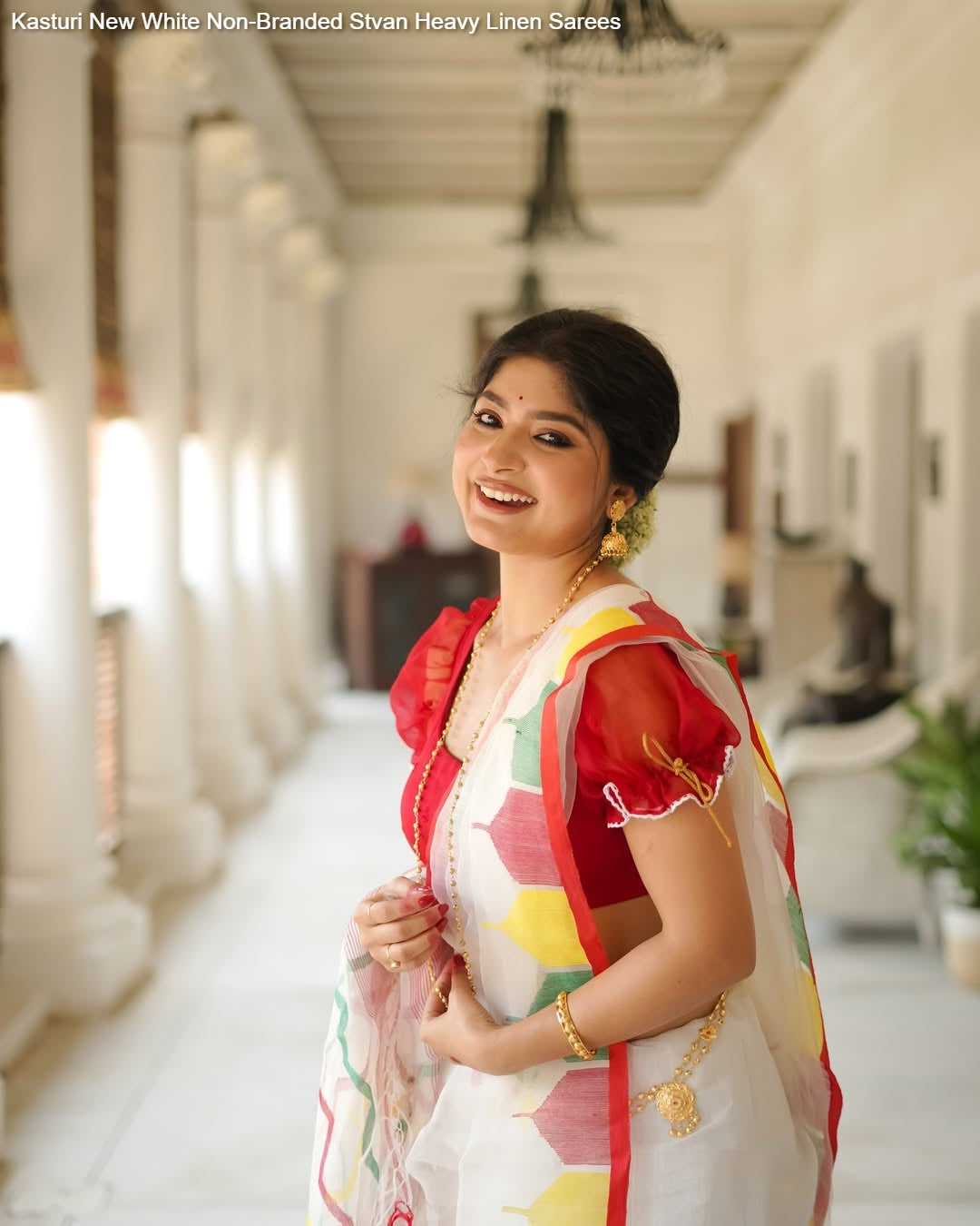Kasturi New White Non-Branded Stvan Heavy Linen Sarees