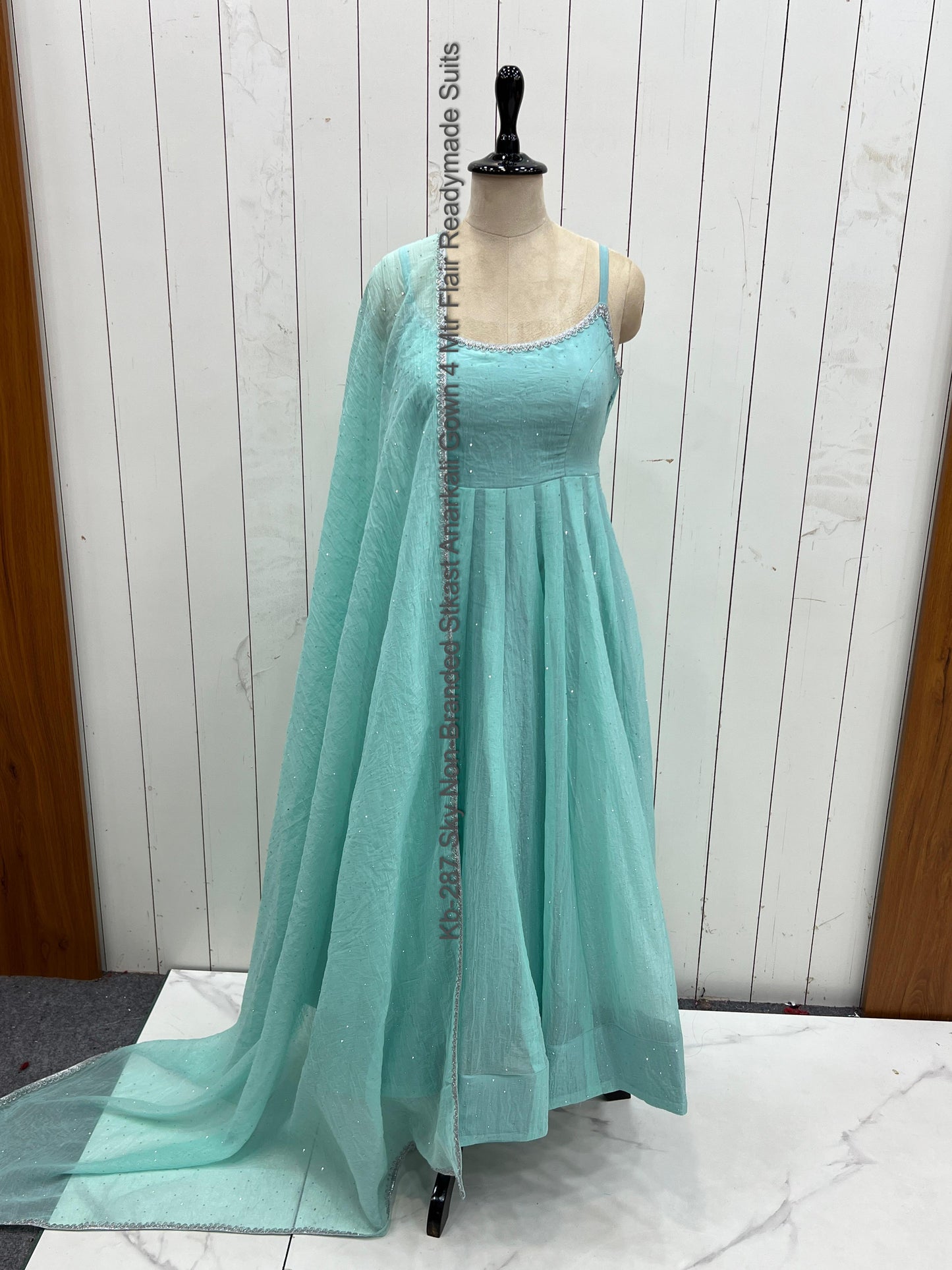 Kb-287 Sky Non-Branded Stkast Anarkali Gown 4 Mtr Flair Readymade Suits