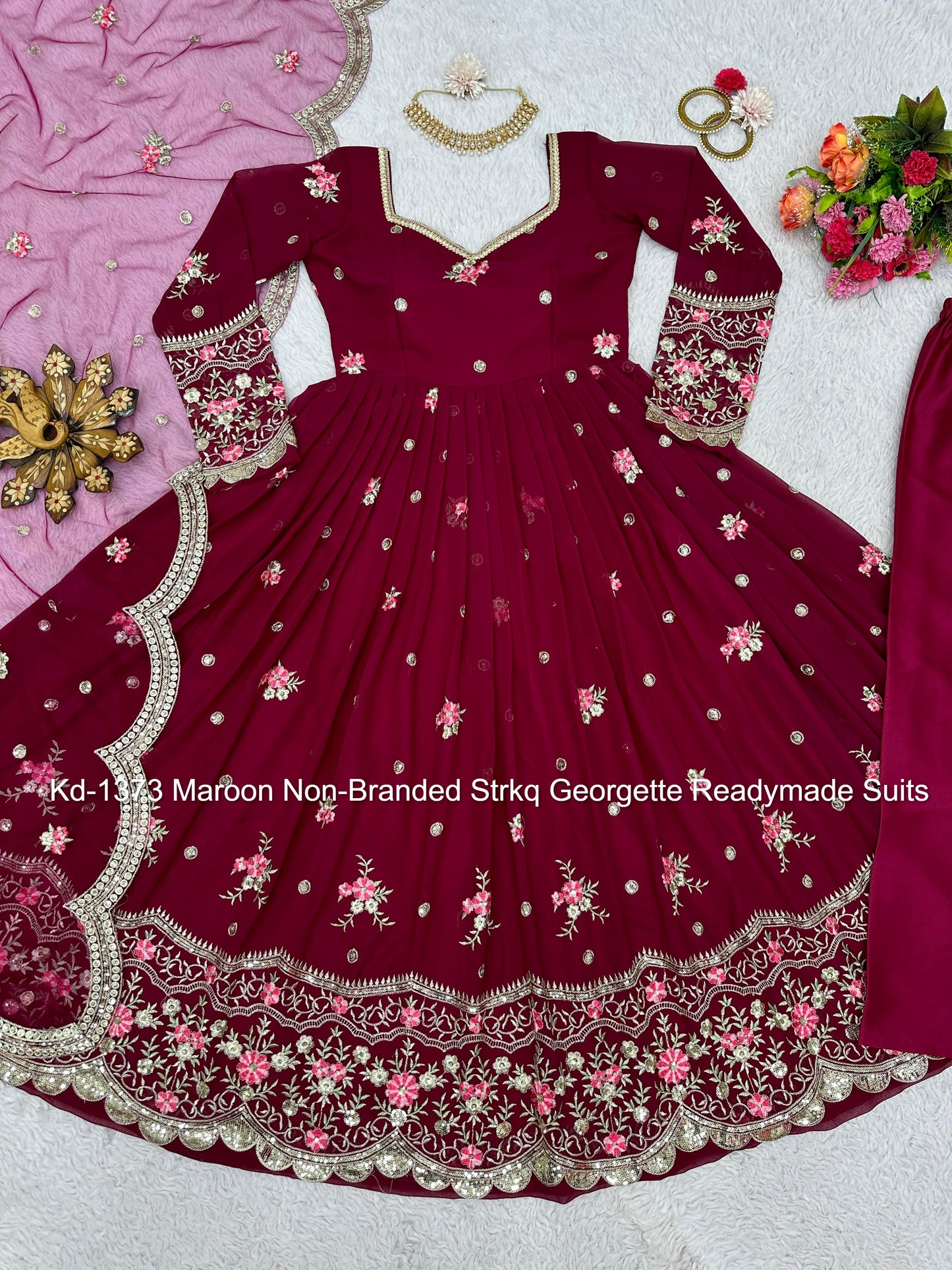 Kd-1373 Maroon Non-Branded Strkq Georgette Readymade Suits