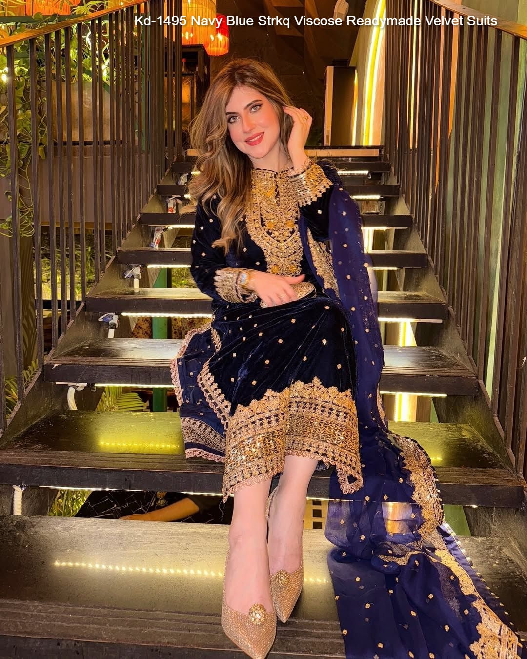 Kd-1495 Navy Blue Strkq Viscose Readymade Velvet Suits