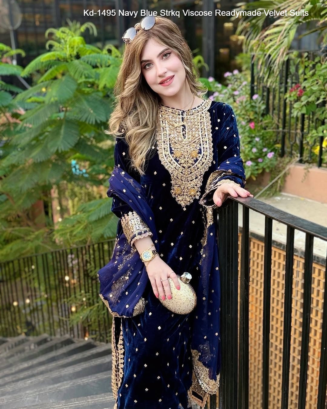 Kd-1495 Navy Blue Strkq Viscose Readymade Velvet Suits