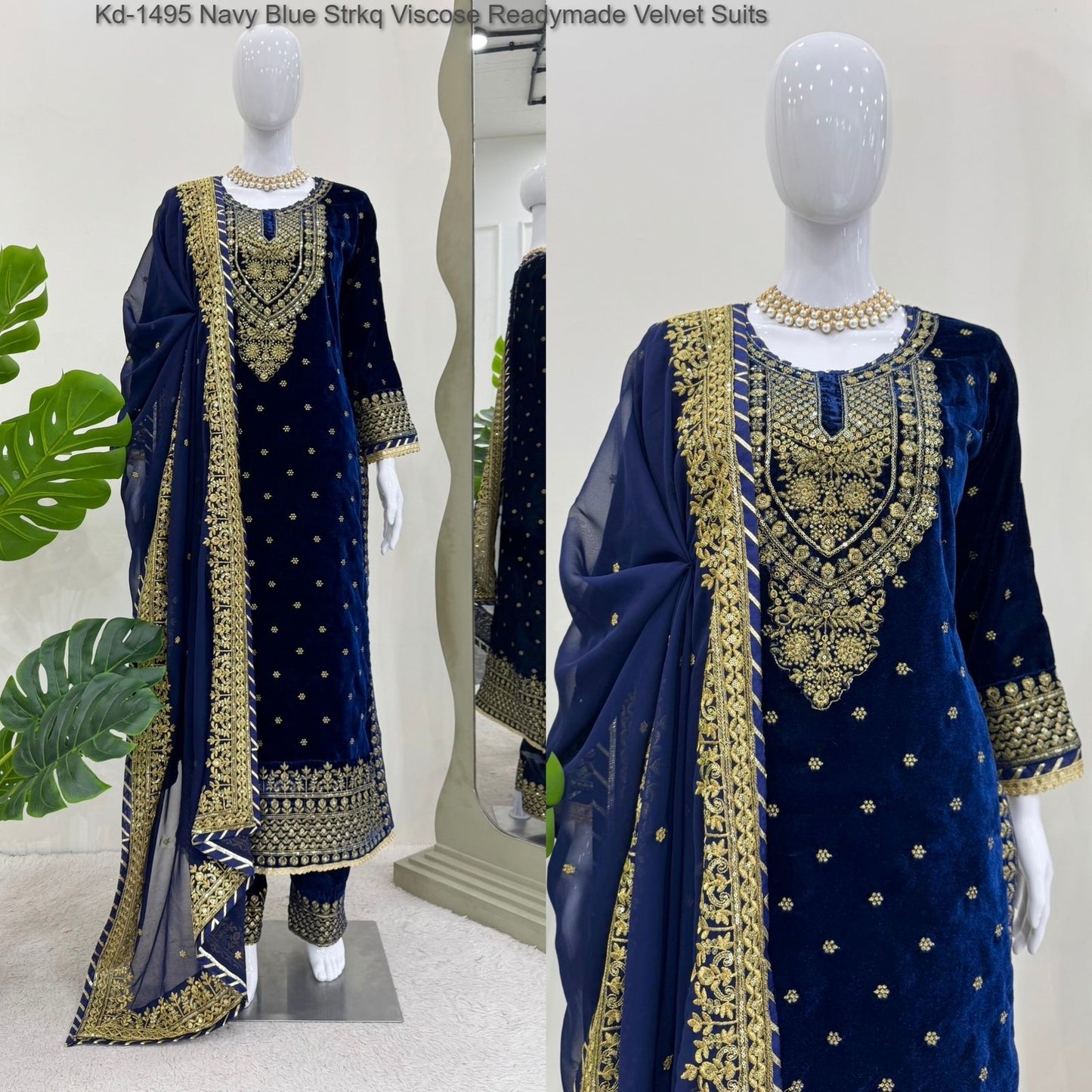 Kd-1495 Navy Blue Strkq Viscose Readymade Velvet Suits
