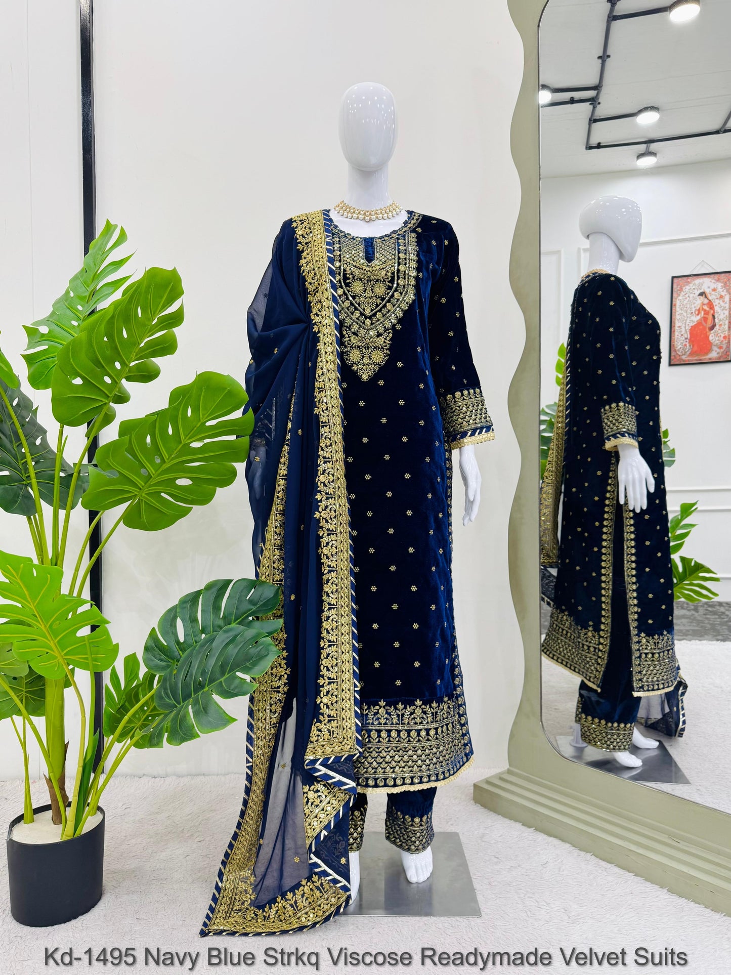 Kd-1495 Navy Blue Strkq Viscose Readymade Velvet Suits