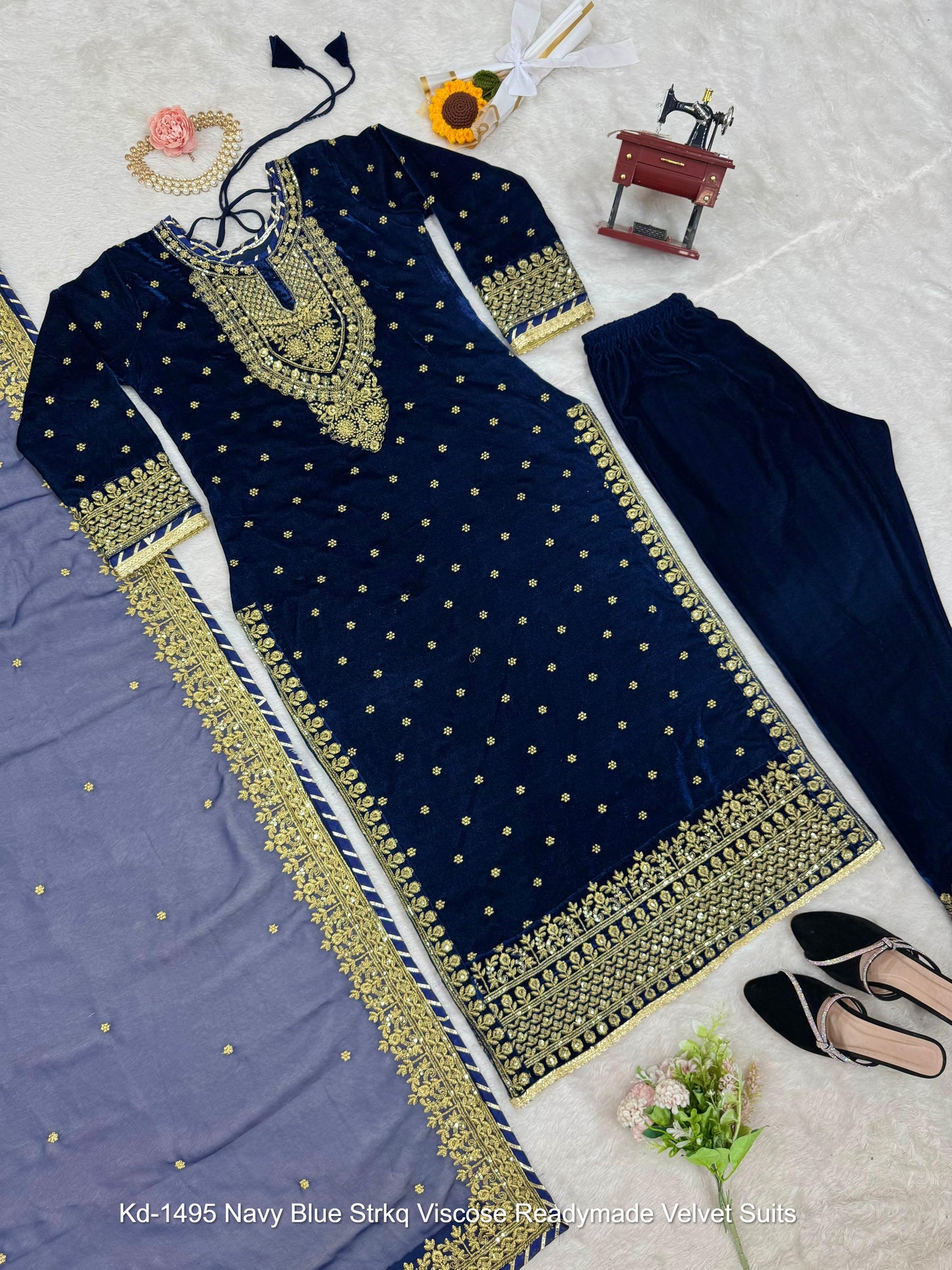 Kd-1495 Navy Blue Strkq Viscose Readymade Velvet Suits