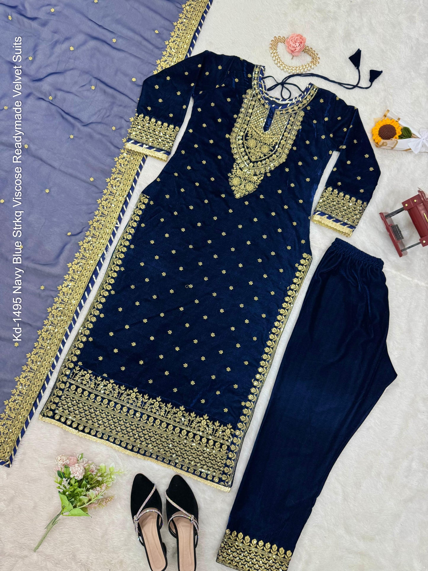 Kd-1495 Navy Blue Strkq Viscose Readymade Velvet Suits