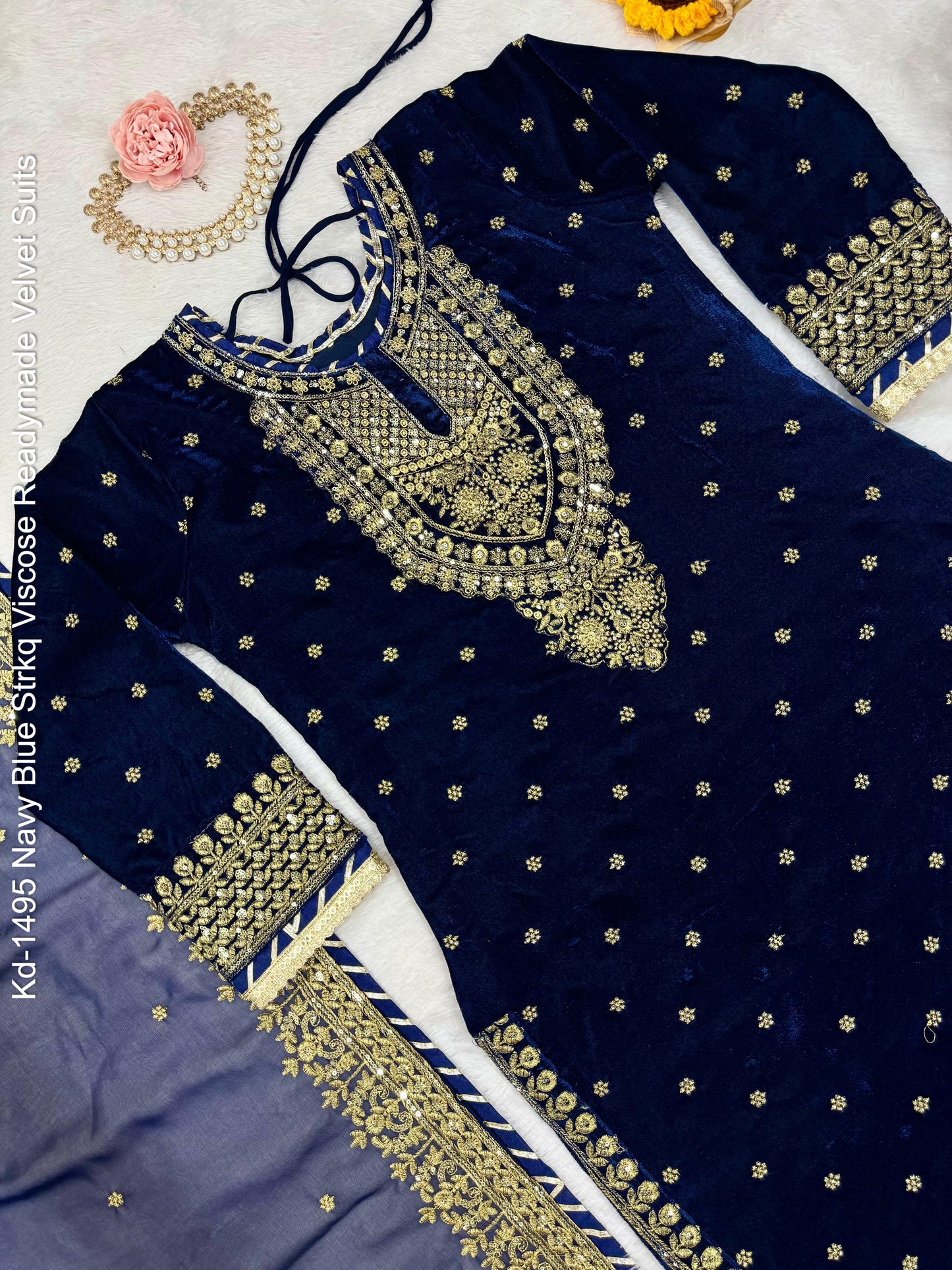 Kd-1495 Navy Blue Strkq Viscose Readymade Velvet Suits
