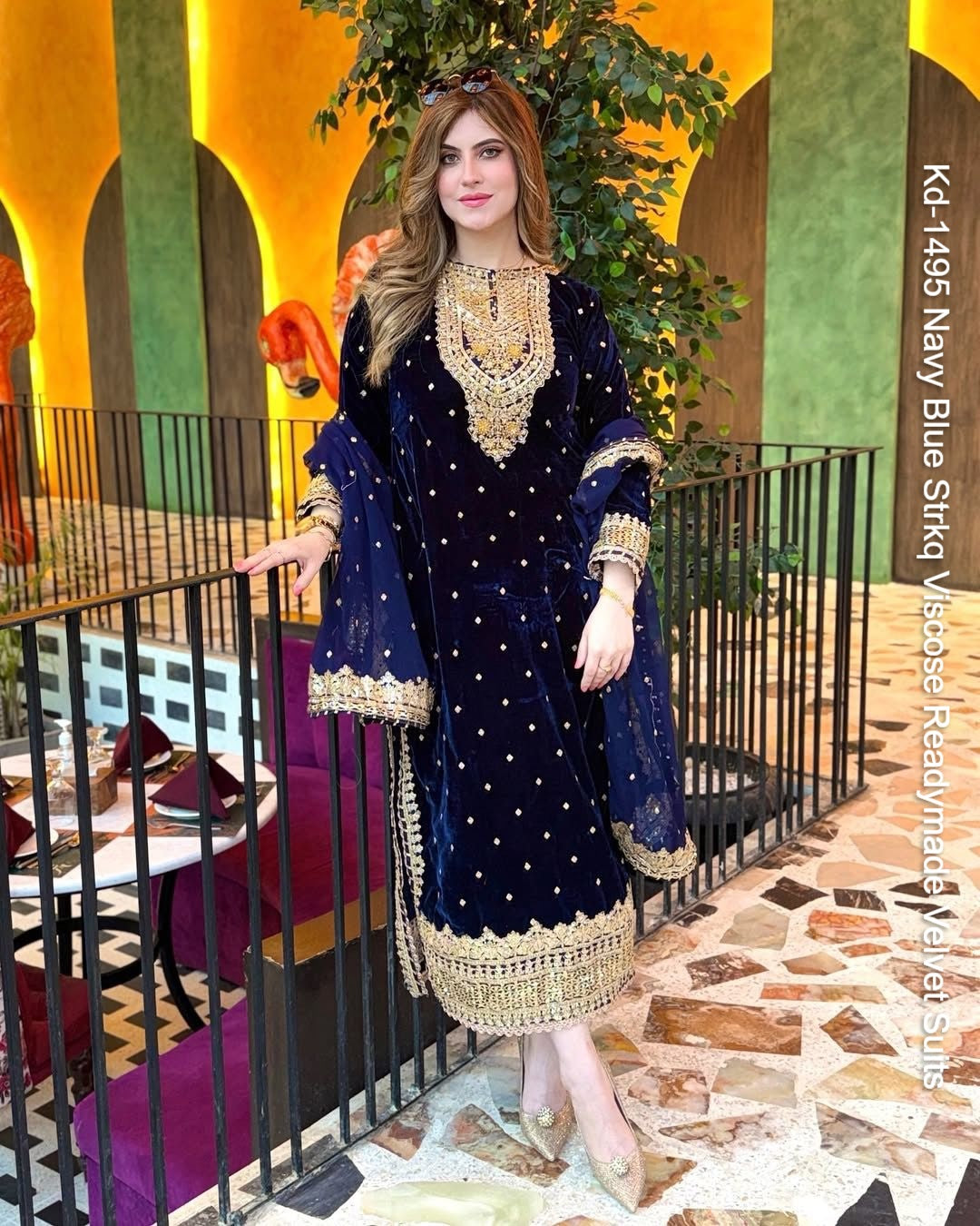 Kd-1495 Navy Blue Strkq Viscose Readymade Velvet Suits