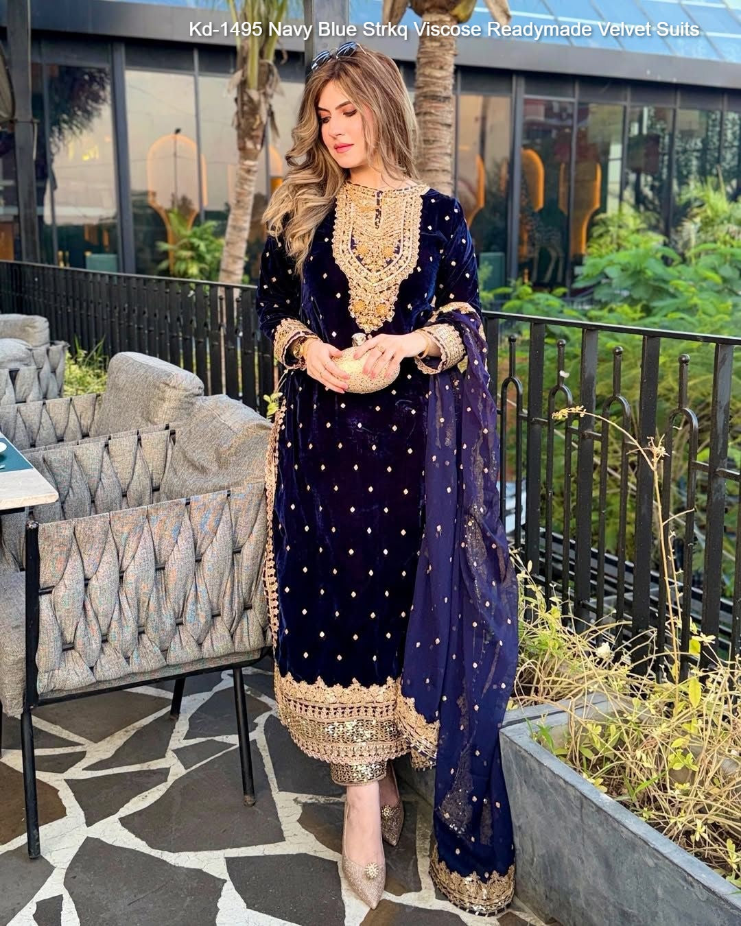 Kd-1495 Navy Blue Strkq Viscose Readymade Velvet Suits