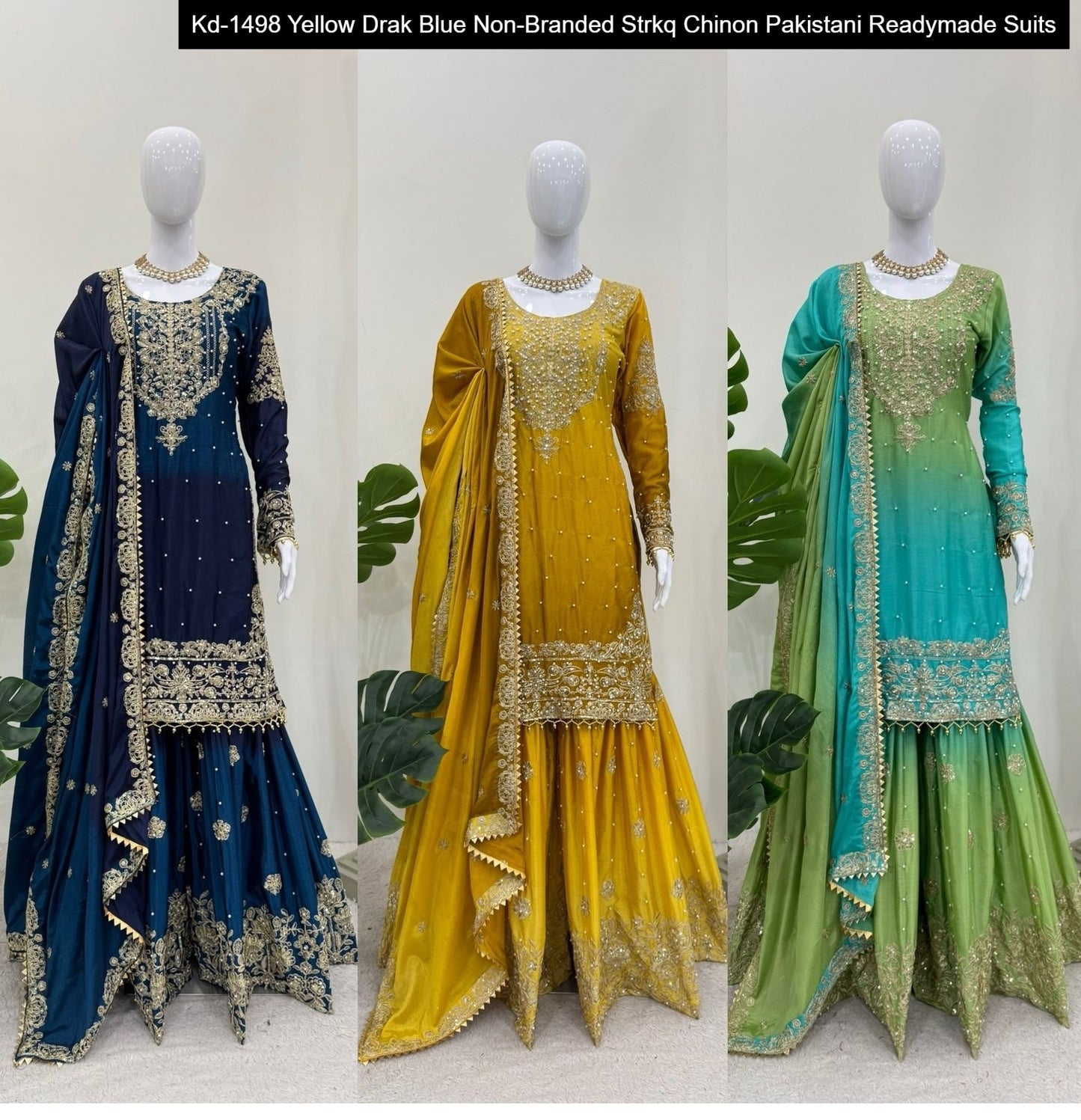 Kd-1498 Yellow Drak Blue Non-Branded Strkq Chinon Pakistani Readymade Suits