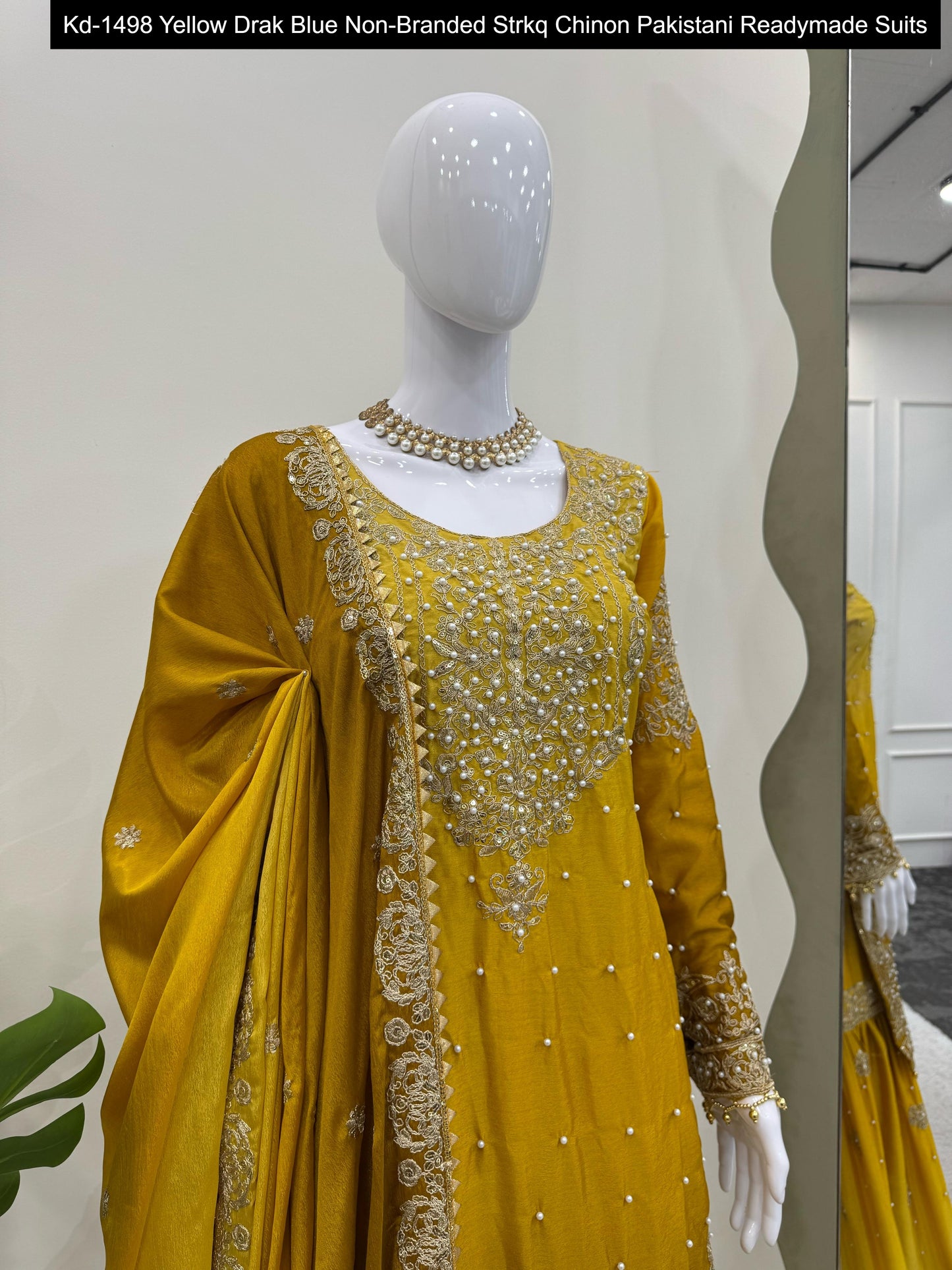 Kd-1498 Yellow Drak Blue Non-Branded Strkq Chinon Pakistani Readymade Suits