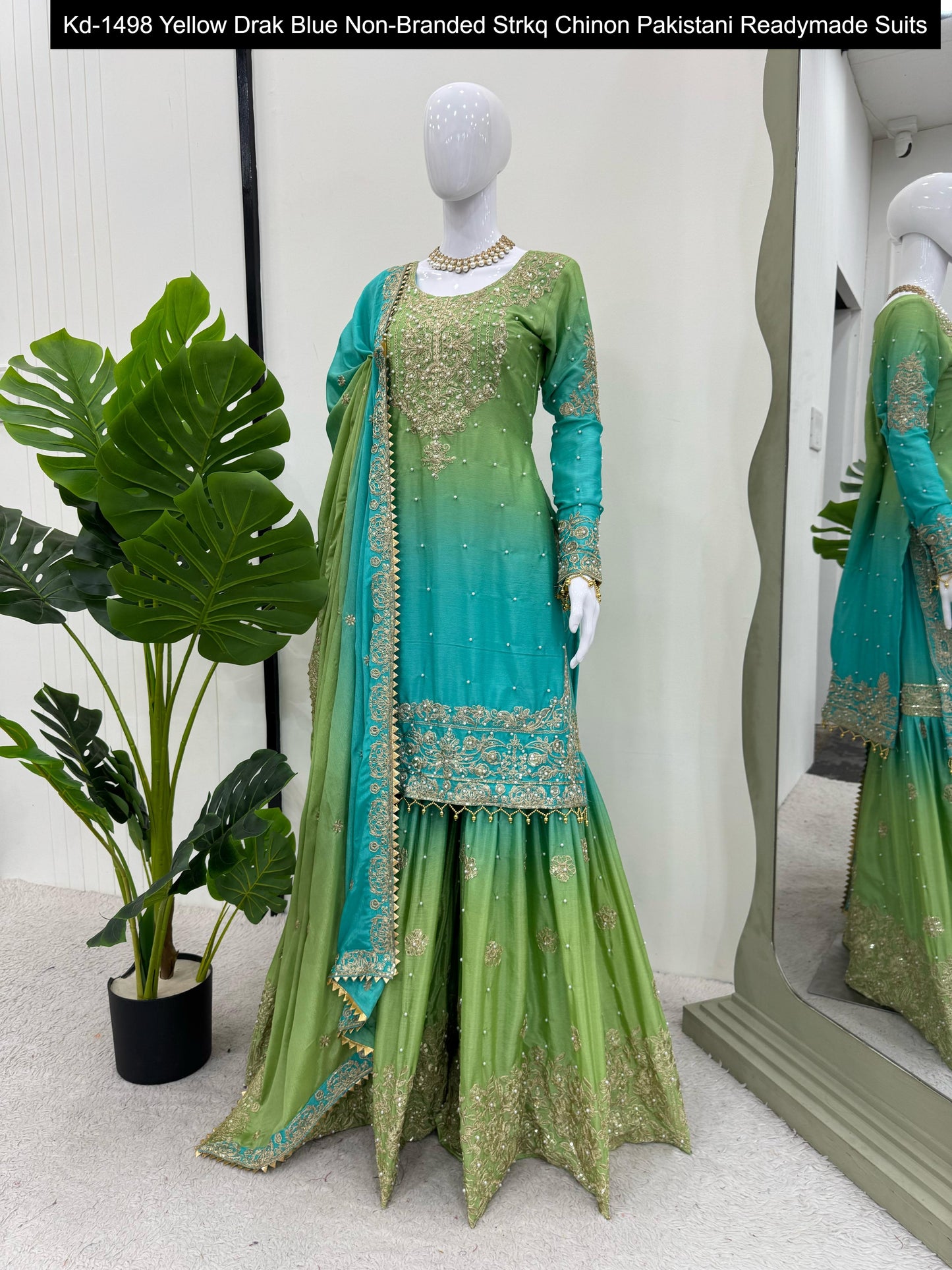 Kd-1498 Yellow Drak Blue Non-Branded Strkq Chinon Pakistani Readymade Suits