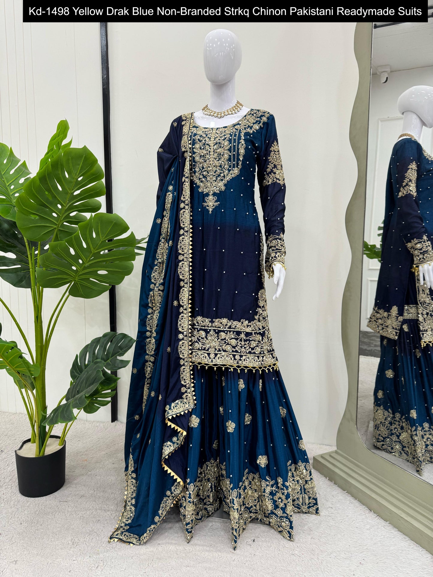 Kd-1498 Yellow Drak Blue Non-Branded Strkq Chinon Pakistani Readymade Suits