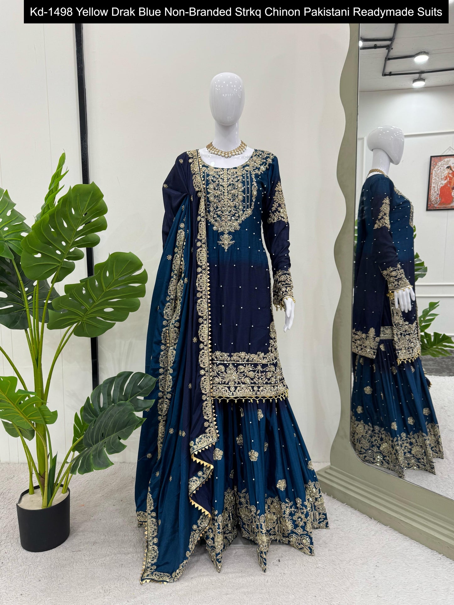 Kd-1498 Yellow Drak Blue Non-Branded Strkq Chinon Pakistani Readymade Suits