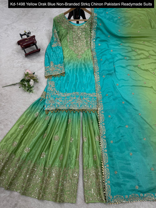 Kd-1498 Yellow Drak Blue Non-Branded Strkq Chinon Pakistani Readymade Suits