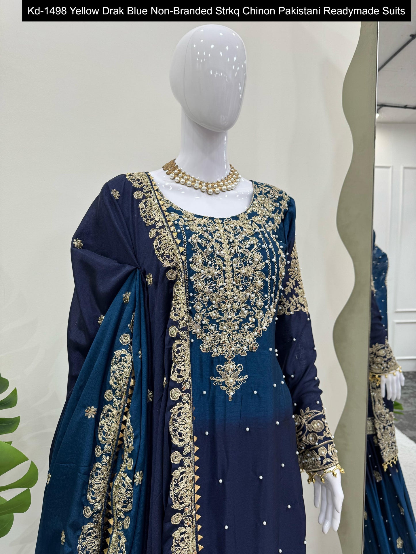 Kd-1498 Yellow Drak Blue Non-Branded Strkq Chinon Pakistani Readymade Suits