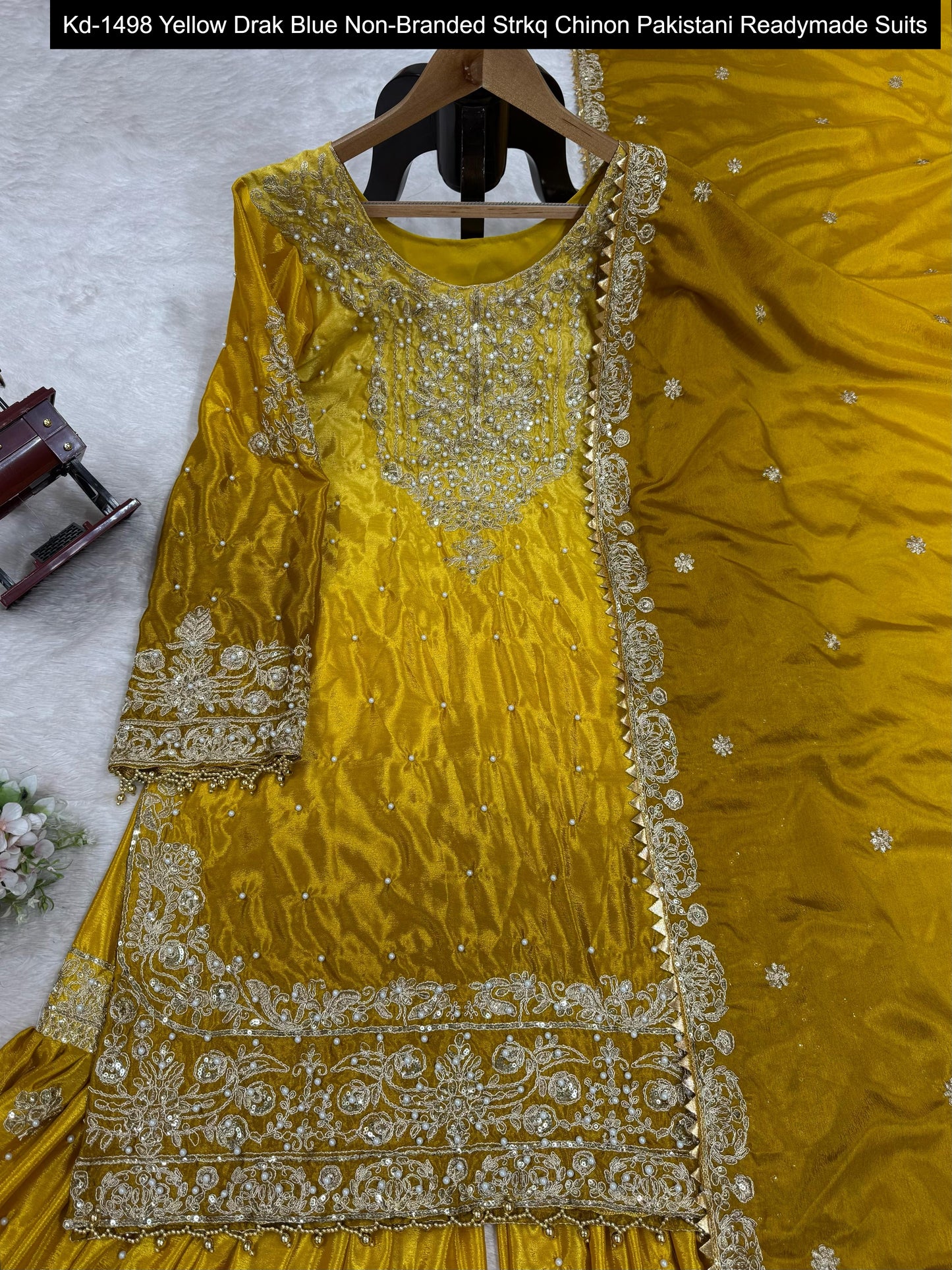 Kd-1498 Yellow Drak Blue Non-Branded Strkq Chinon Pakistani Readymade Suits