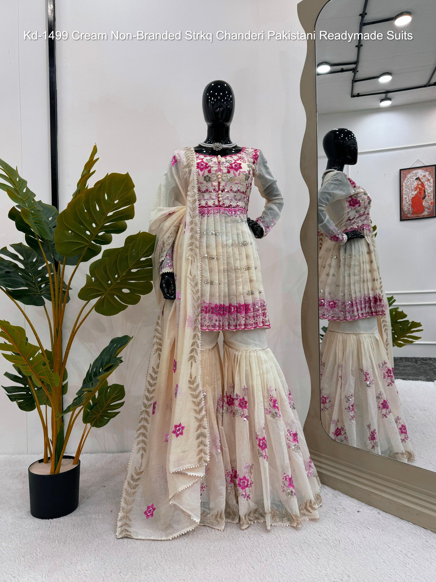 Kd-1499 Cream Non-Branded Strkq Chanderi Pakistani Readymade Suits