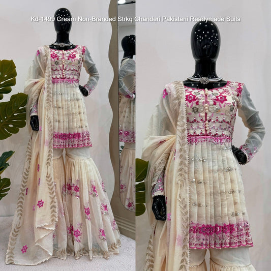 Kd-1499 Cream Non-Branded Strkq Chanderi Pakistani Readymade Suits