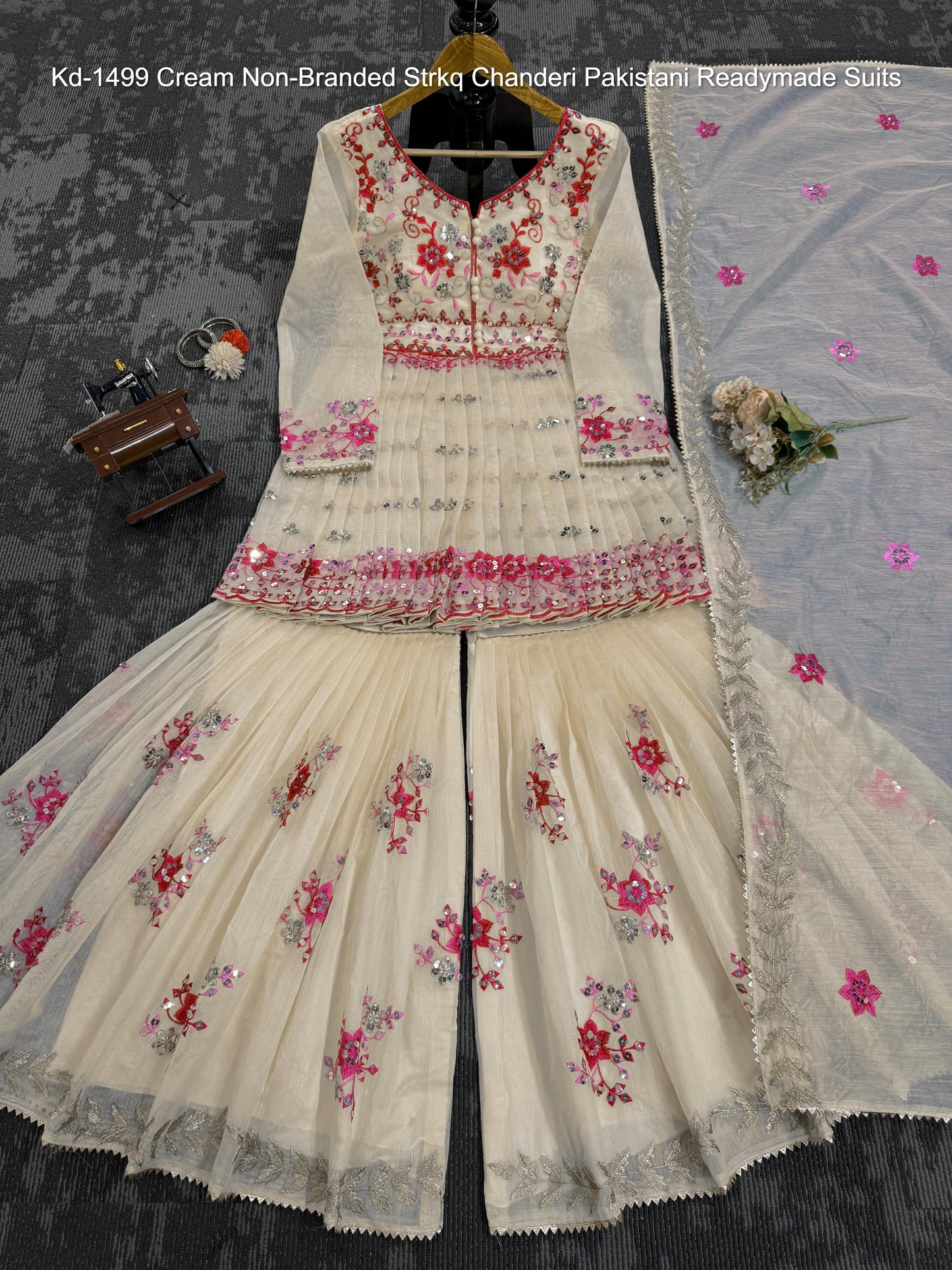 Kd-1499 Cream Non-Branded Strkq Chanderi Pakistani Readymade Suits