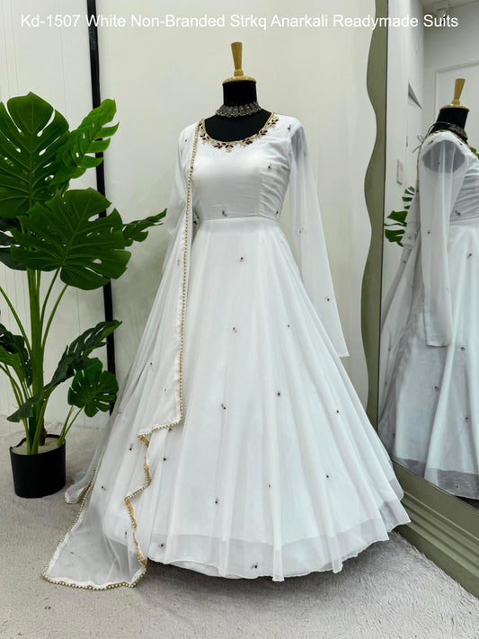 Kd-1507 White Non-Branded Strkq Anarkali Readymade Suits