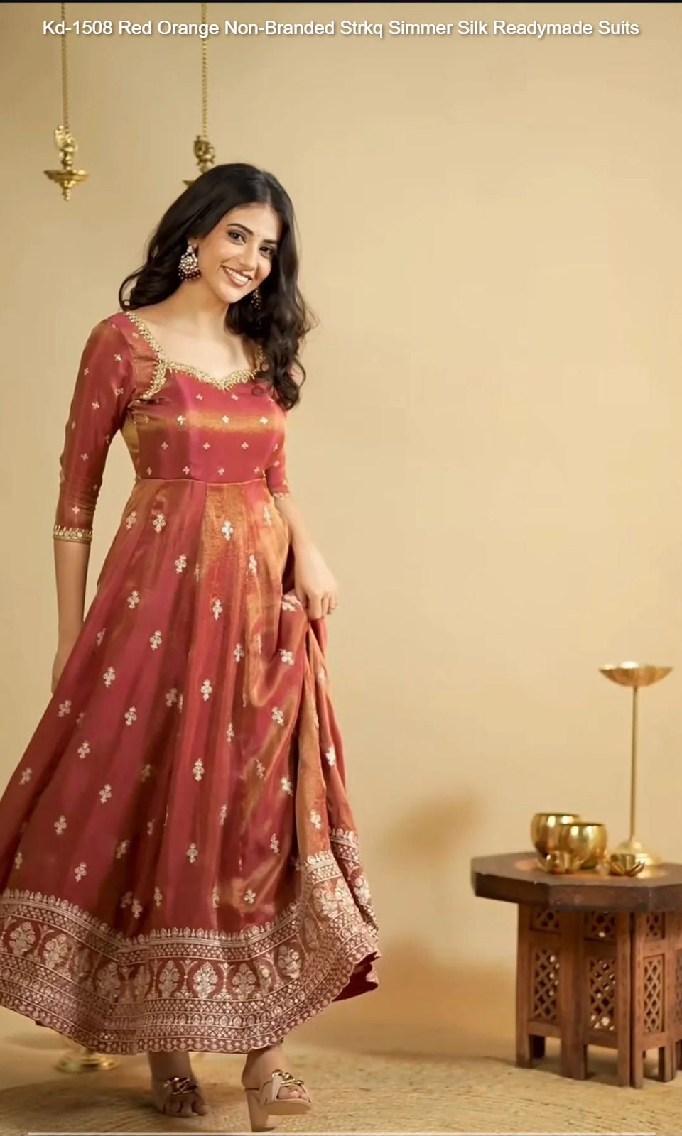 Kd-1508 Red Orange Non-Branded Strkq Simmer Silk Readymade Suits