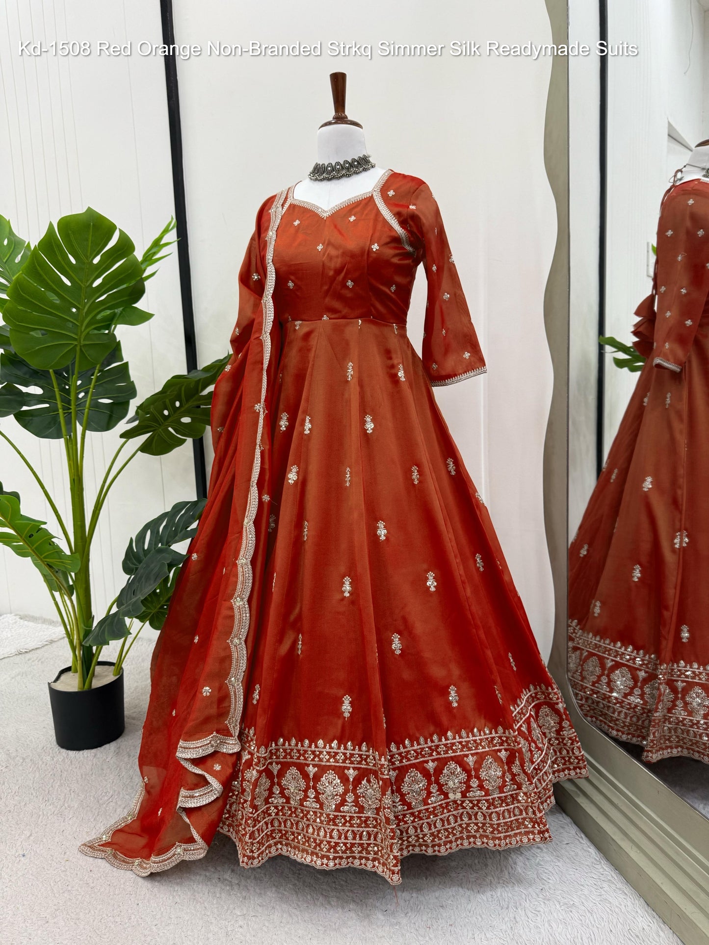 Kd-1508 Red Orange Non-Branded Strkq Simmer Silk Readymade Suits