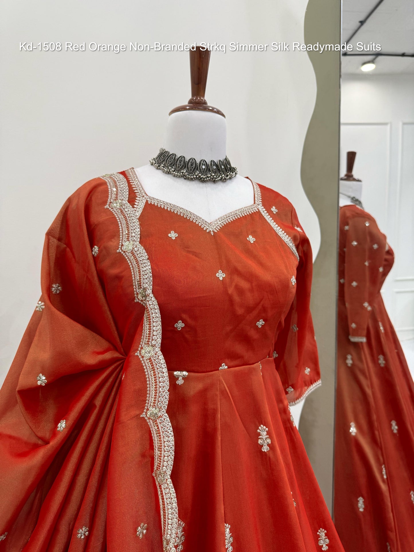 Kd-1508 Red Orange Non-Branded Strkq Simmer Silk Readymade Suits