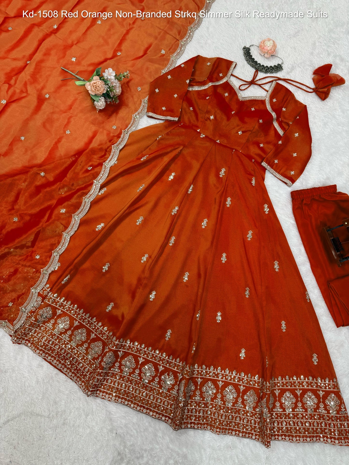 Kd-1508 Red Orange Non-Branded Strkq Simmer Silk Readymade Suits