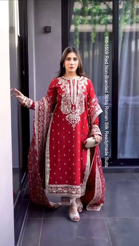 Kd-1509 Red Non-Branded Strkq Roman Silk Readymade Suits