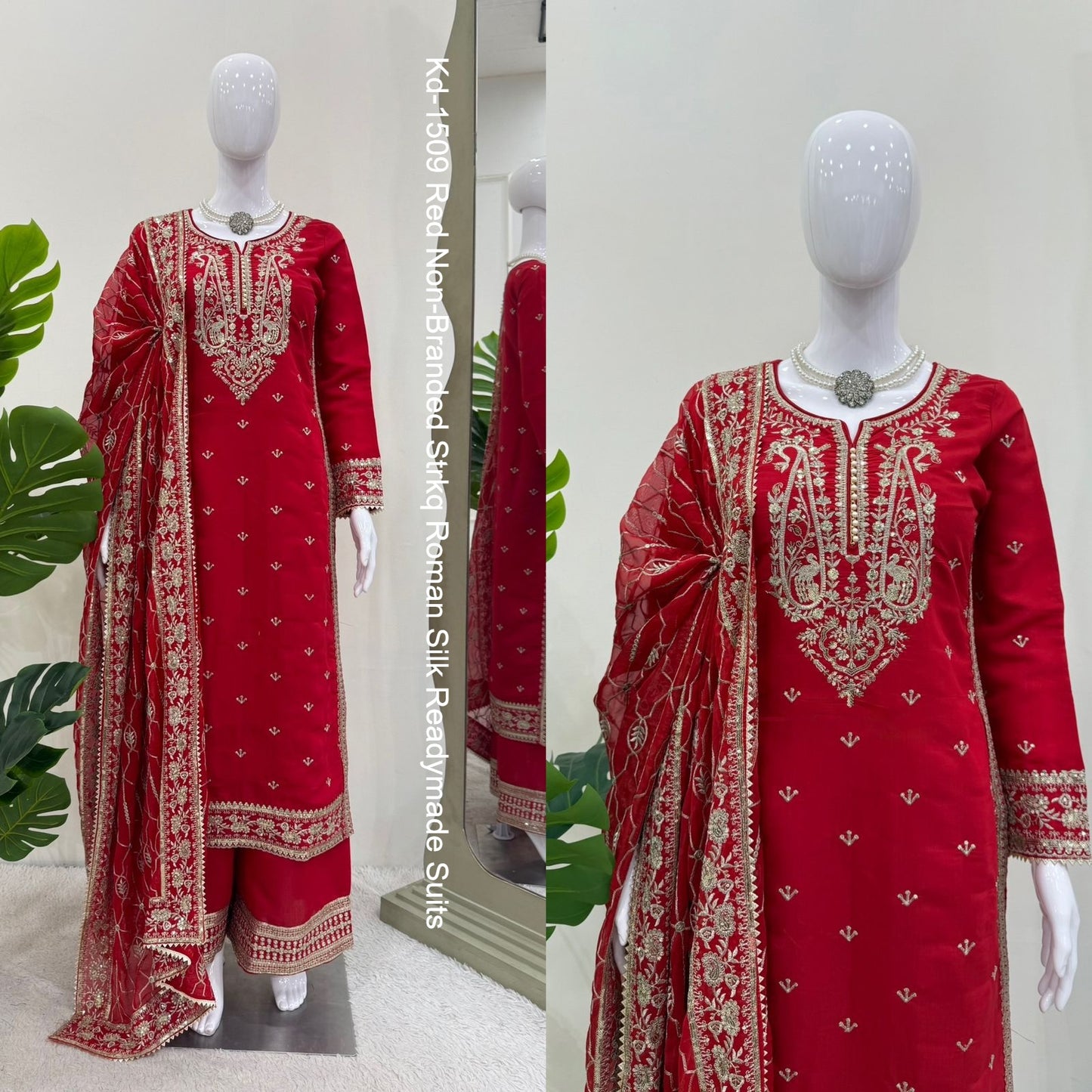 Kd-1509 Red Non-Branded Strkq Roman Silk Readymade Suits